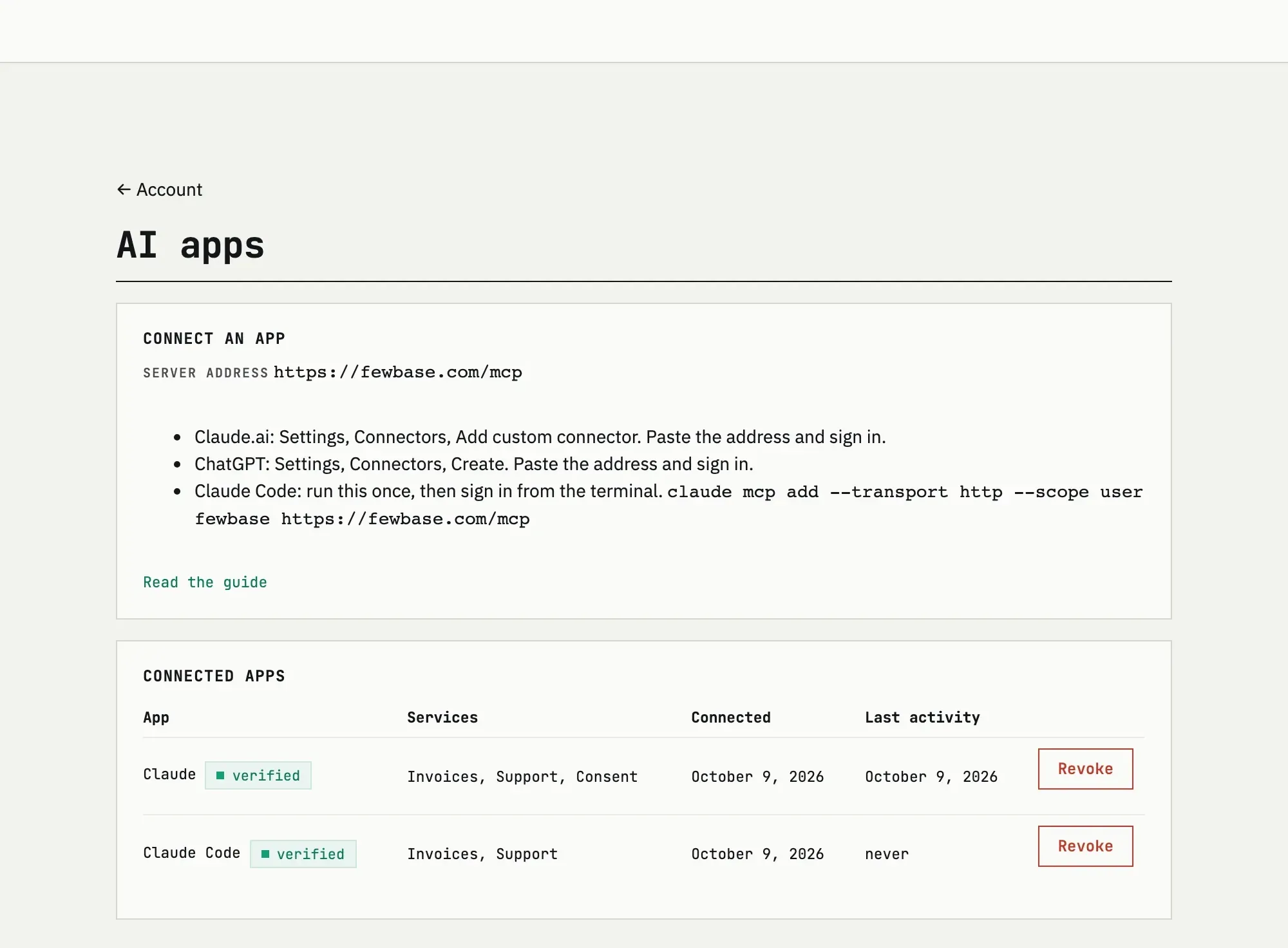 The AI apps page in the fewbase account with connected apps and a Revoke button