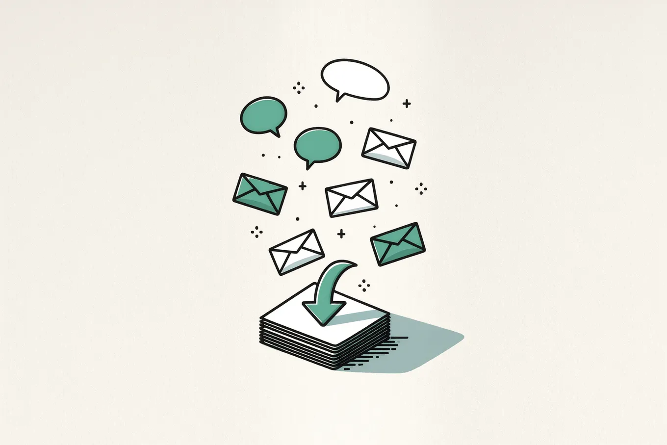 Envelopes and speech bubbles falling from above, gathered by a green arrow into one neat stack