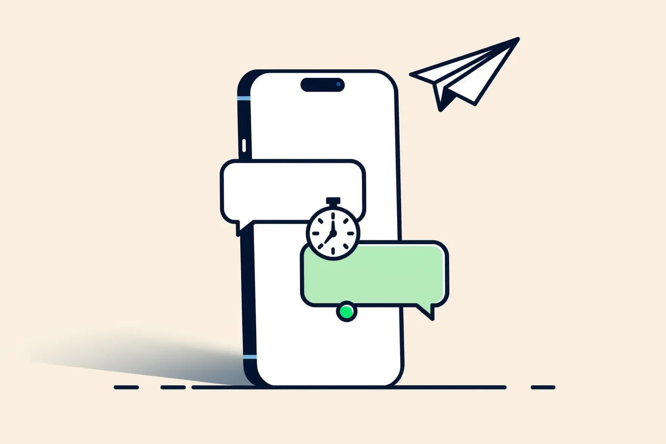 A phone with a chat on the screen: two message bubbles, a stopwatch and a paper plane flying nearby