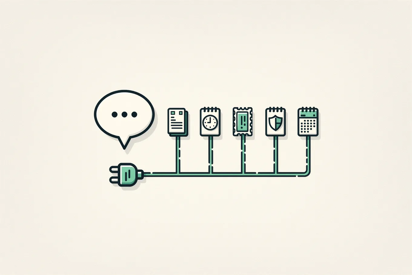 A chat bubble with a plug connected to a row of tool cards: an invoice, a clock, a ticket, a shield and a calendar