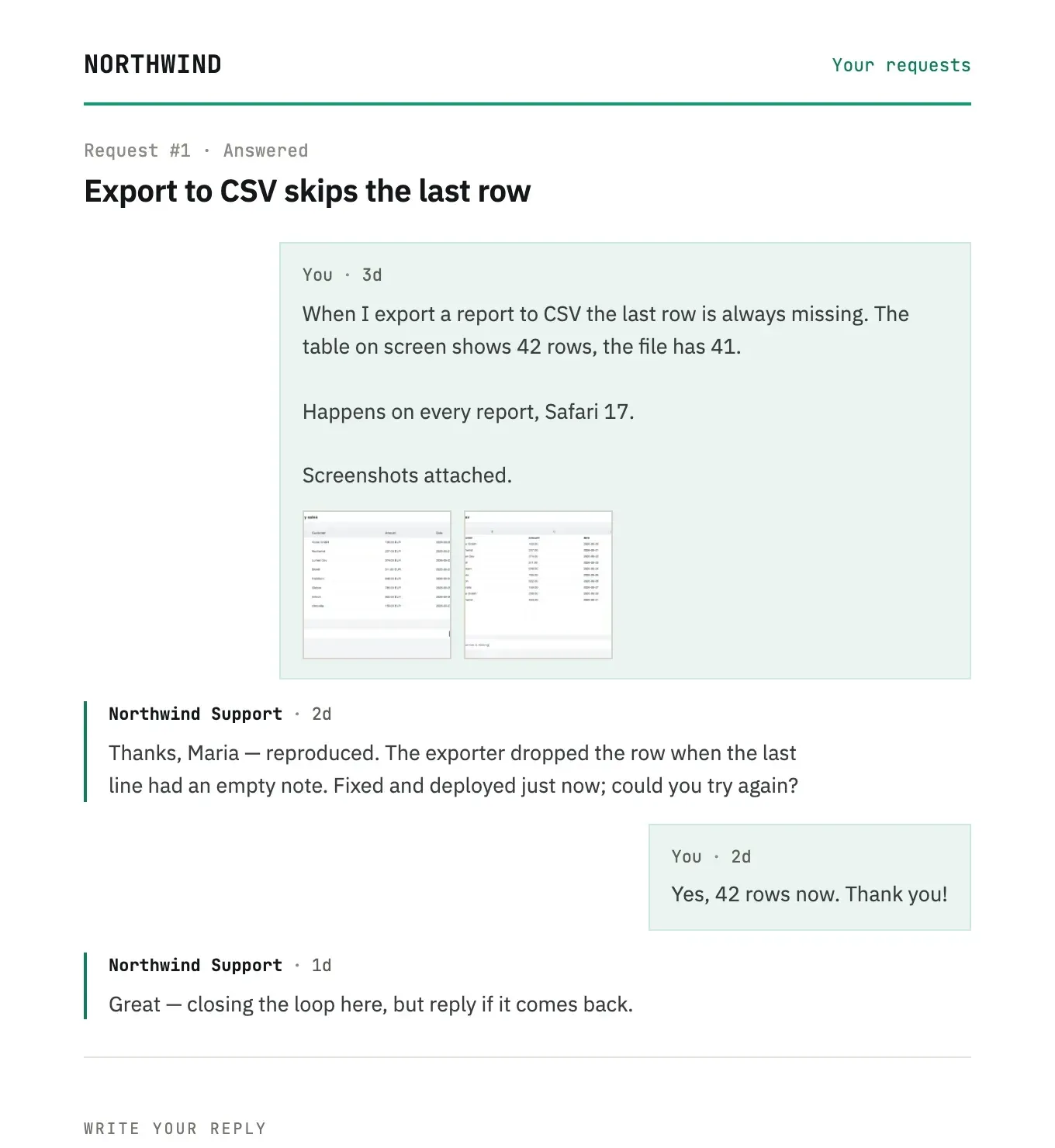 The same kind of conversation as the client sees it, with two attached screenshots
