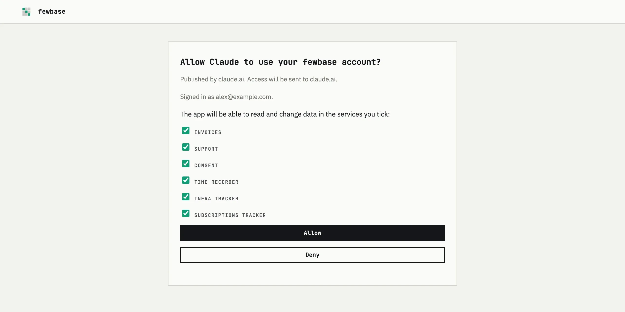 The fewbase page where you allow Claude to use selected services