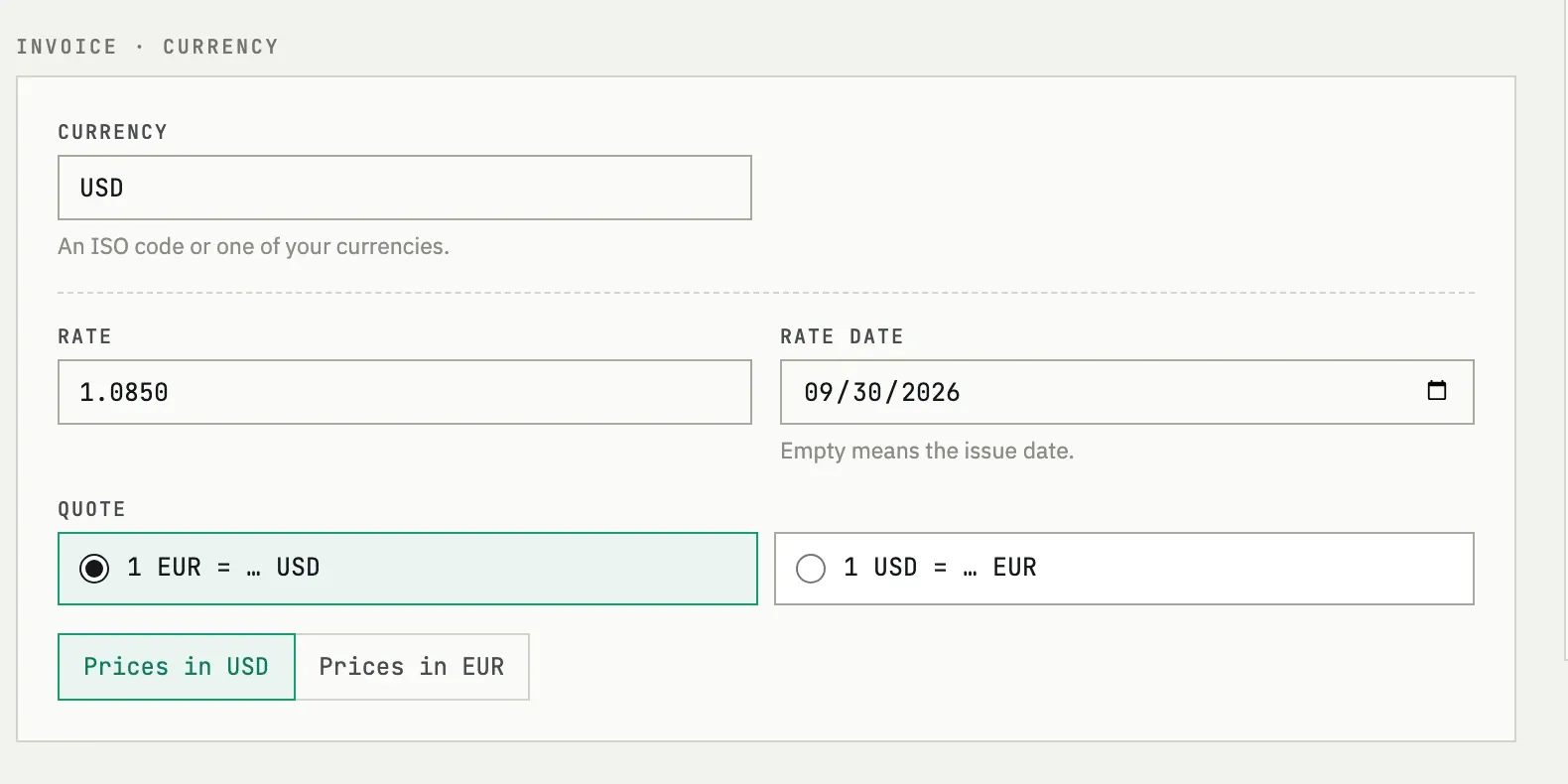 Блок «Exchange rate» в форме счёта: курс, дата курса и направление
