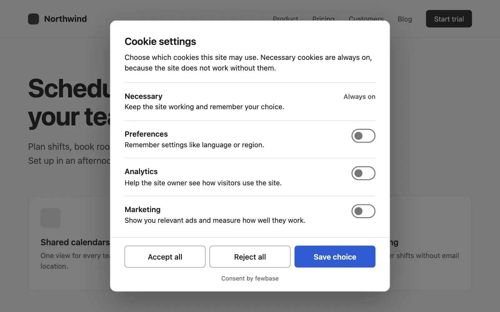 The cookie settings window with four categories
