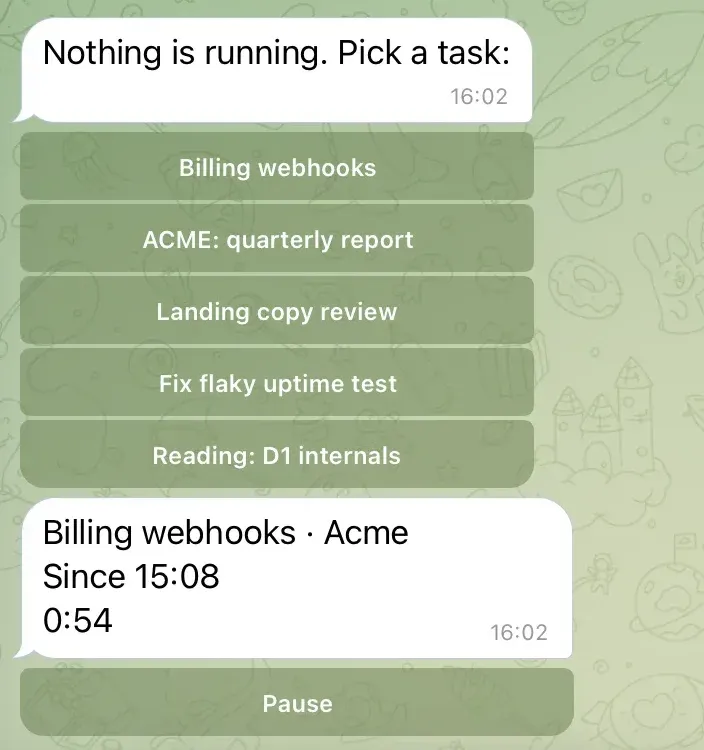 The Time Recorder bot in Telegram: a list of recent tasks as buttons, and a running task with a Pause button