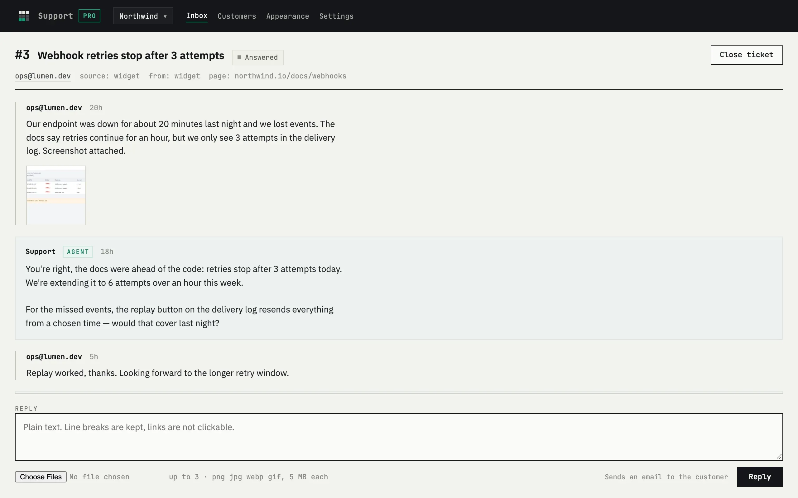 A request thread in Support with a screenshot attached by the client and the reply form