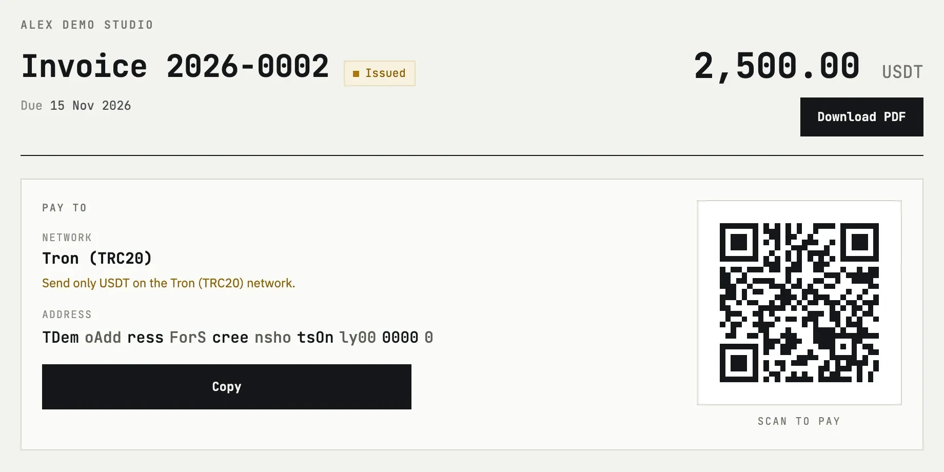Публичная страница счёта в USDT с сетью, адресом и QR-кодом