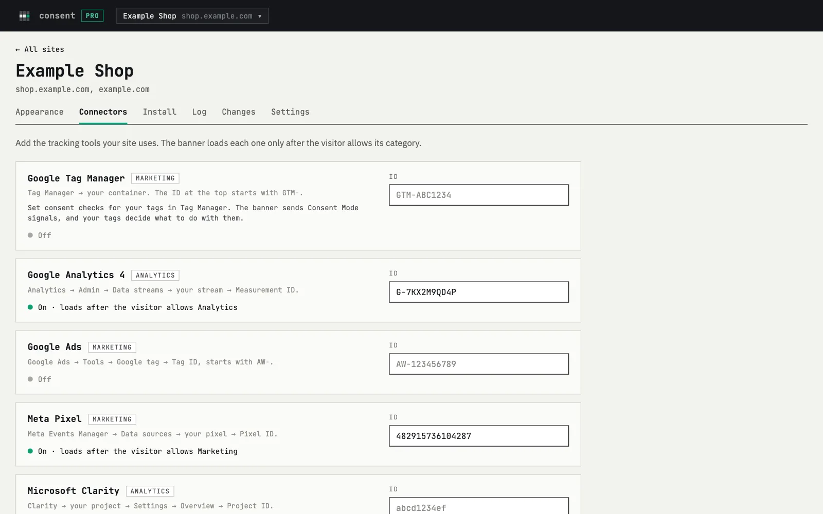 Connectors tab with GA4 and Meta Pixel added by ID, each with its category