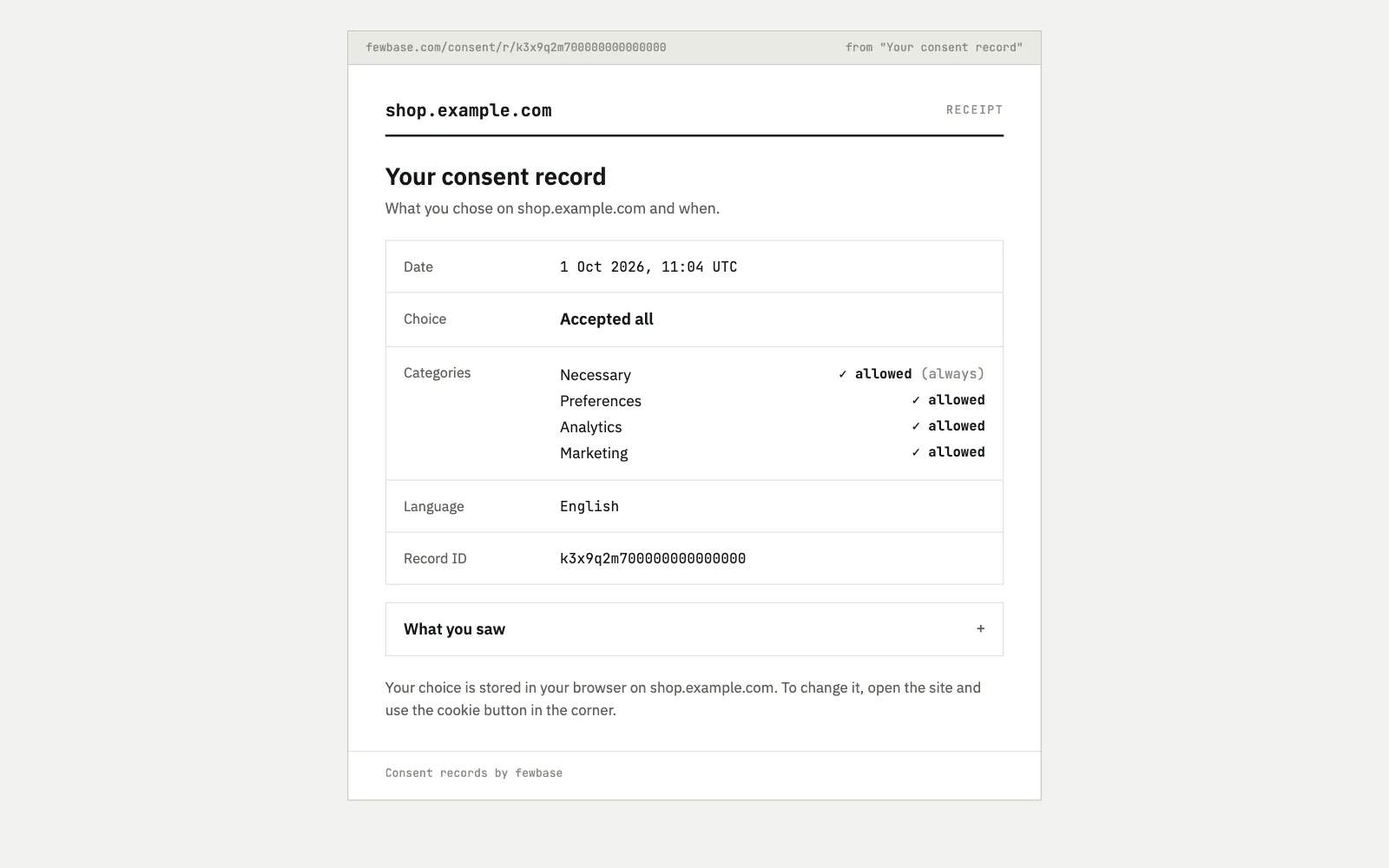 A consent record page with the site name, the facts of the choice and the banner text