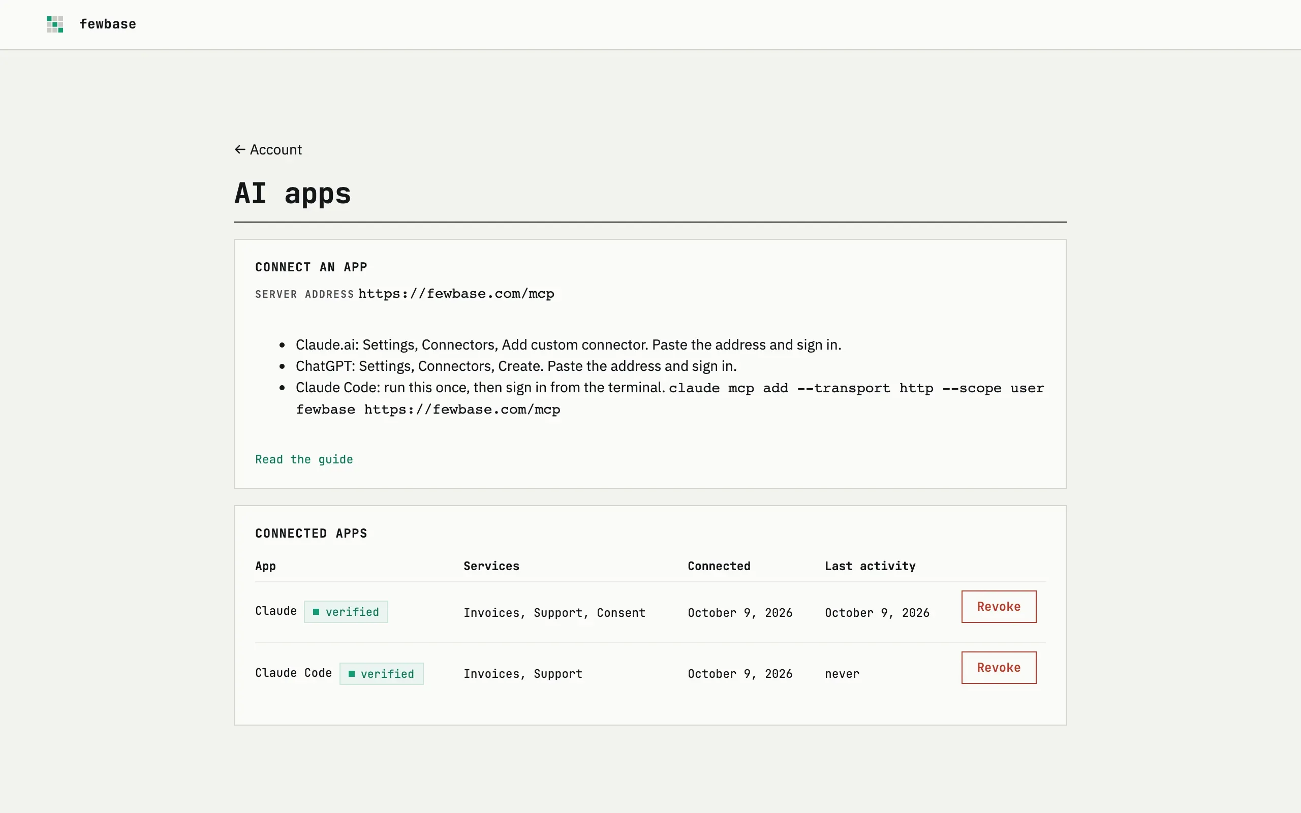 Connected AI apps page in the fewbase account