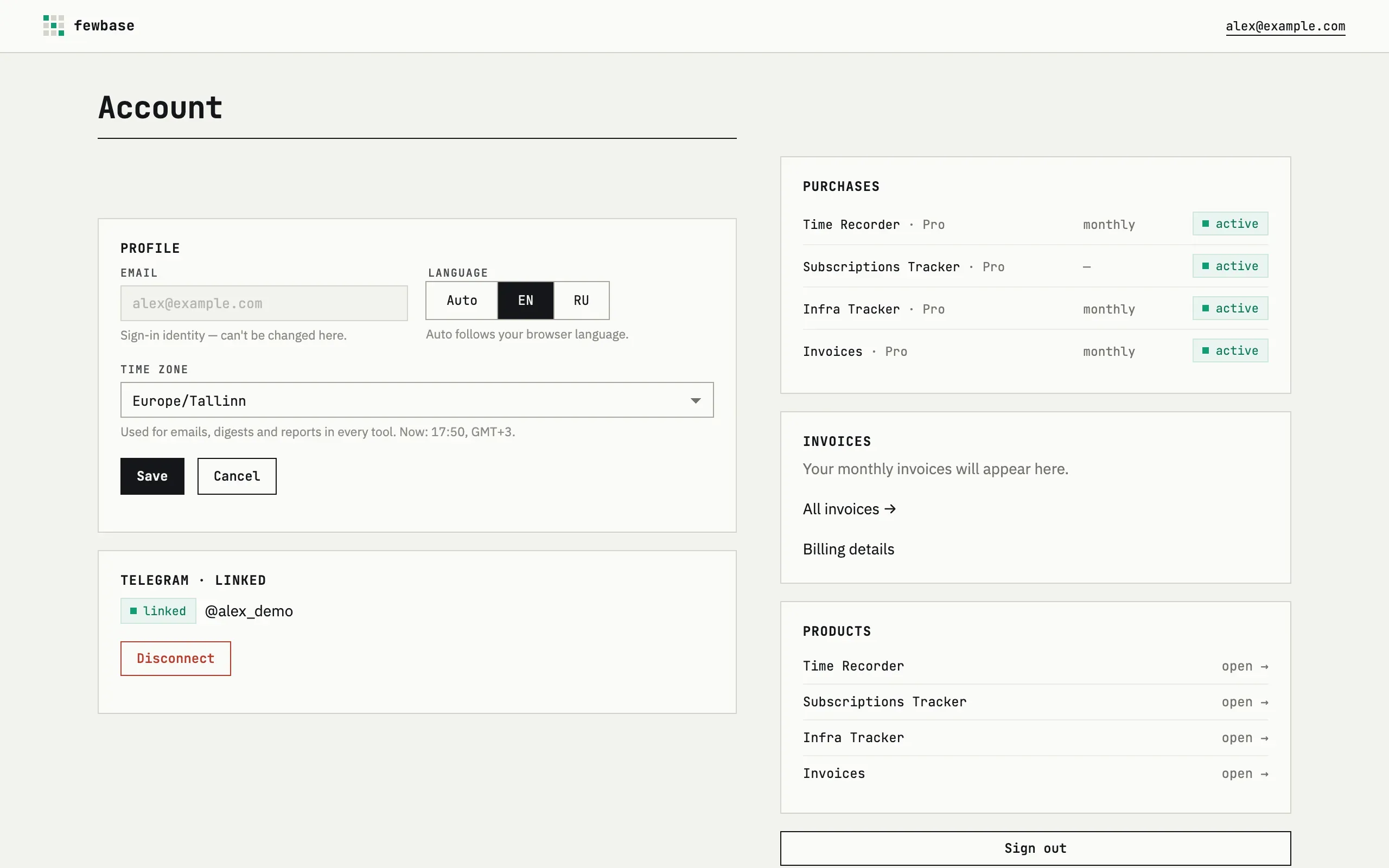 Account page with profile, Telegram and billing sections