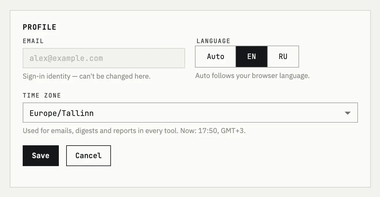 Profile card with email, language and time zone