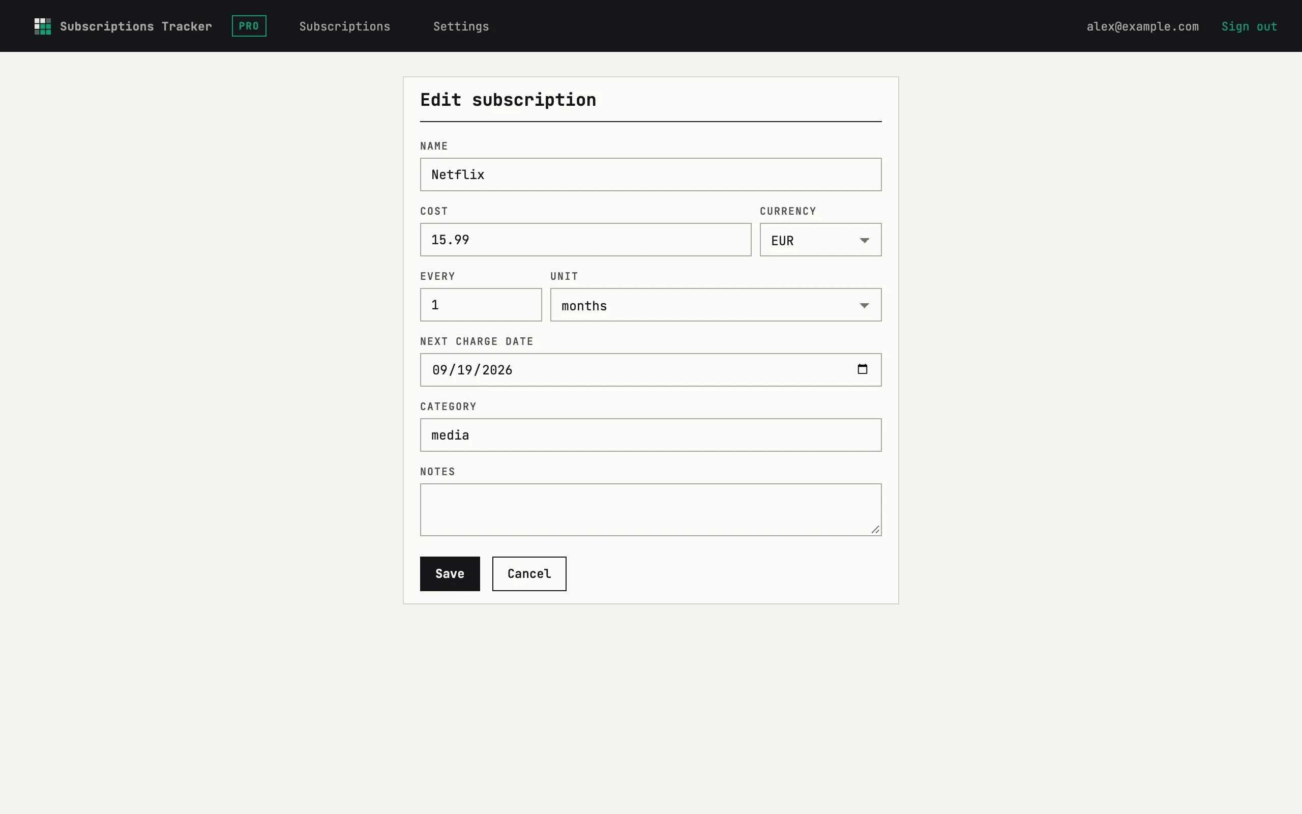 Edit subscription form with name, cost, currency, period fields, next charge date and notes