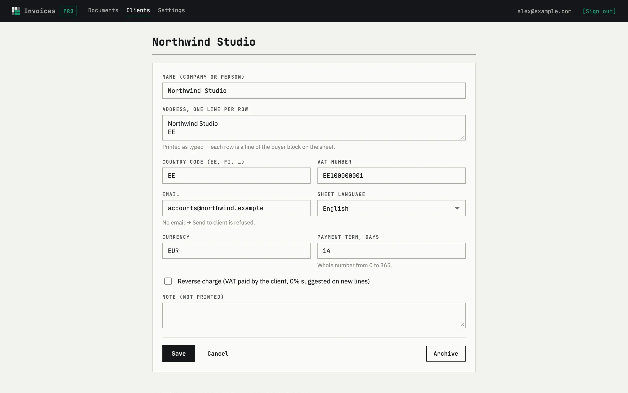 Client card for Northwind Studio with reverse charge and payment term fields
