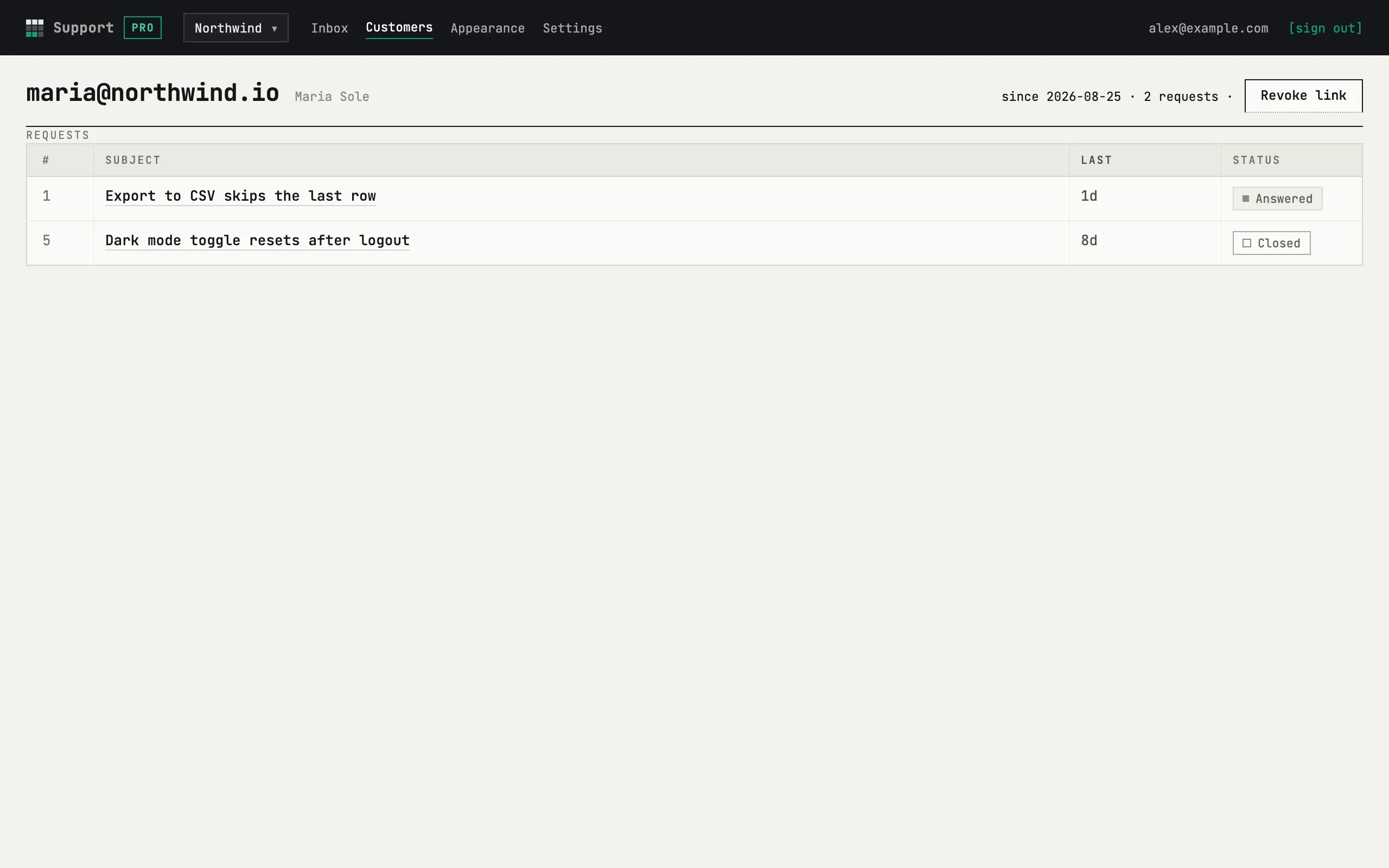 Customer card with requests and the Revoke link button