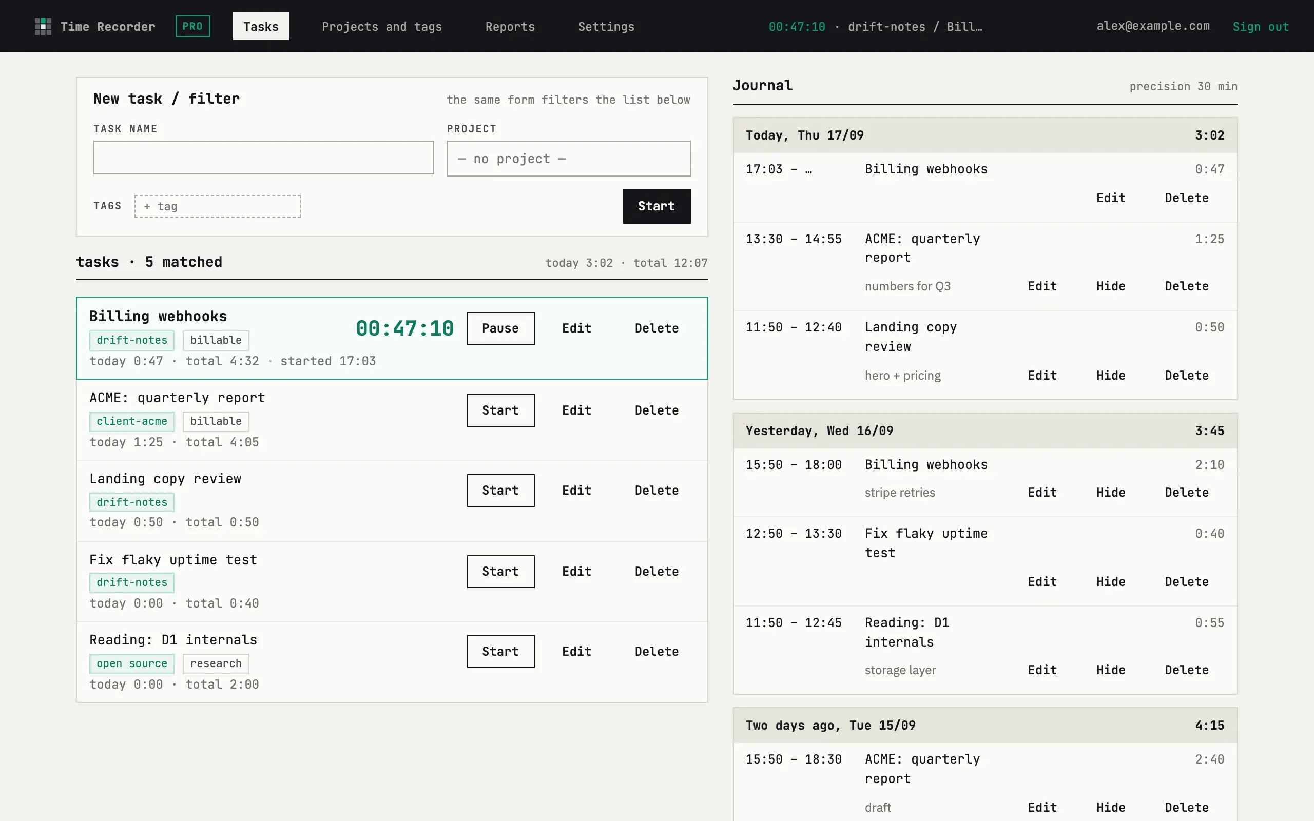 Task list with one task running: a live timer and Pause button, plus today’s journal grouped by day on the right
