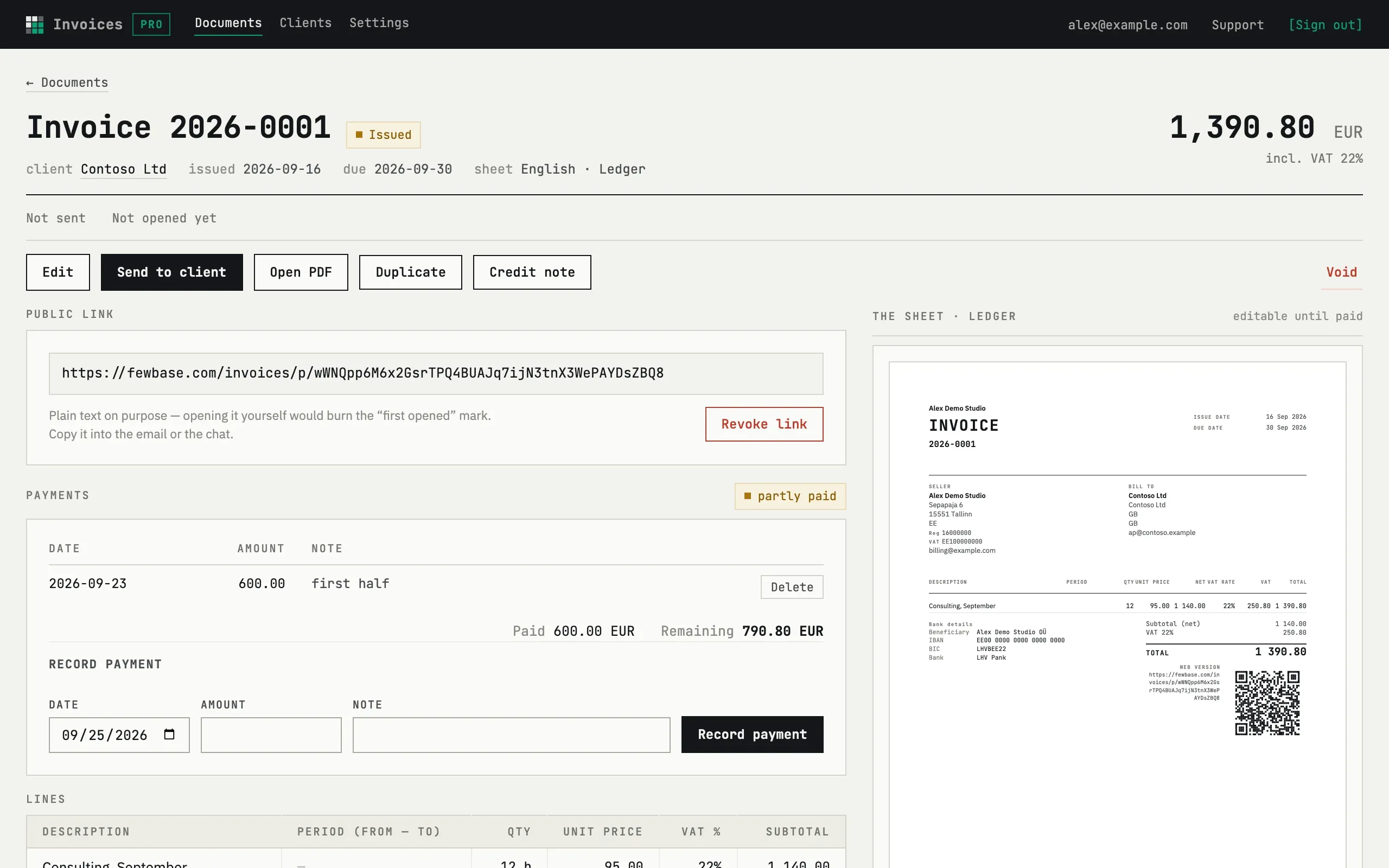 Issued invoice 2026-0001 with Send to client, Open PDF, Duplicate, Credit note and Void
