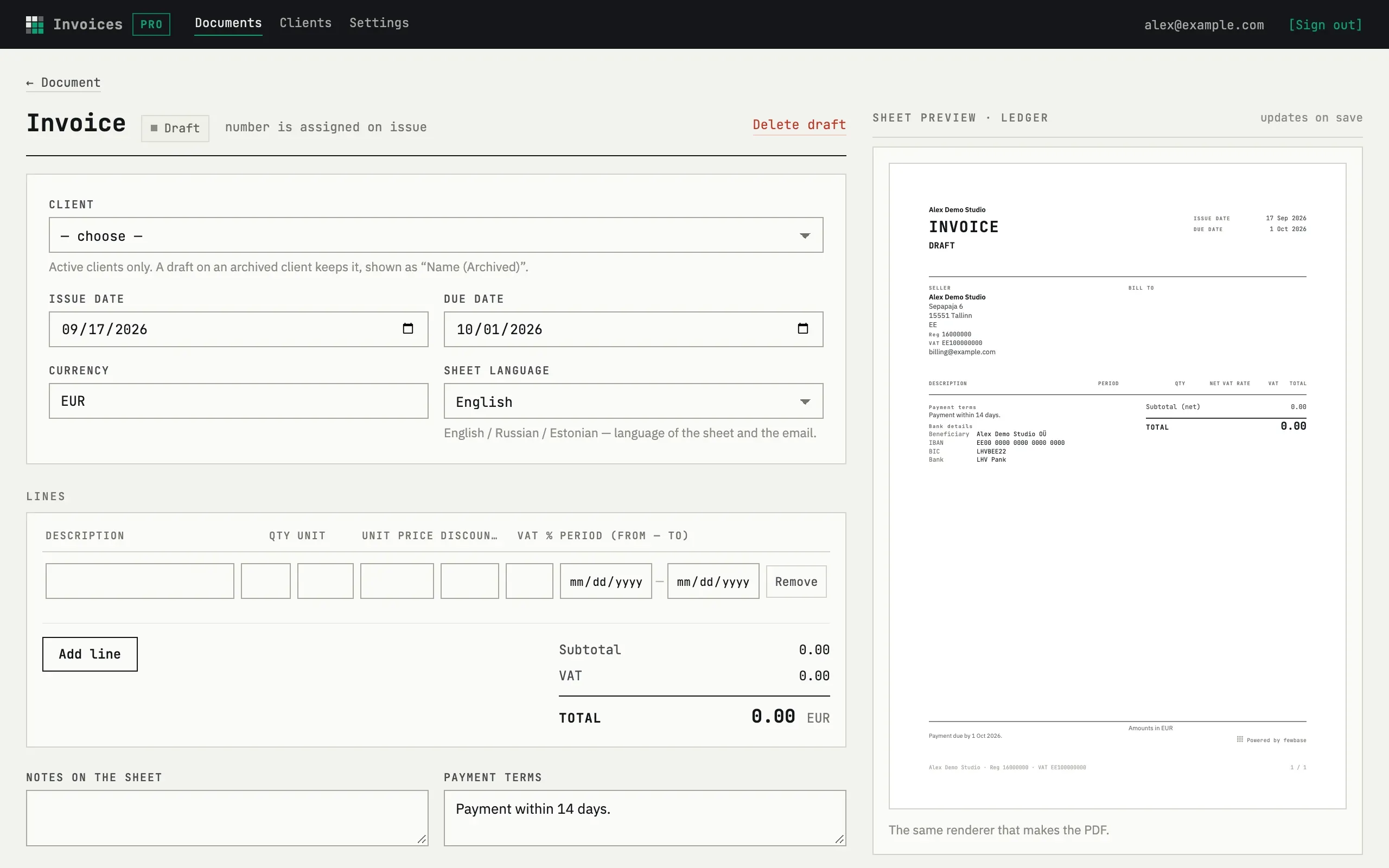 New draft invoice form with an empty line and a live sheet preview