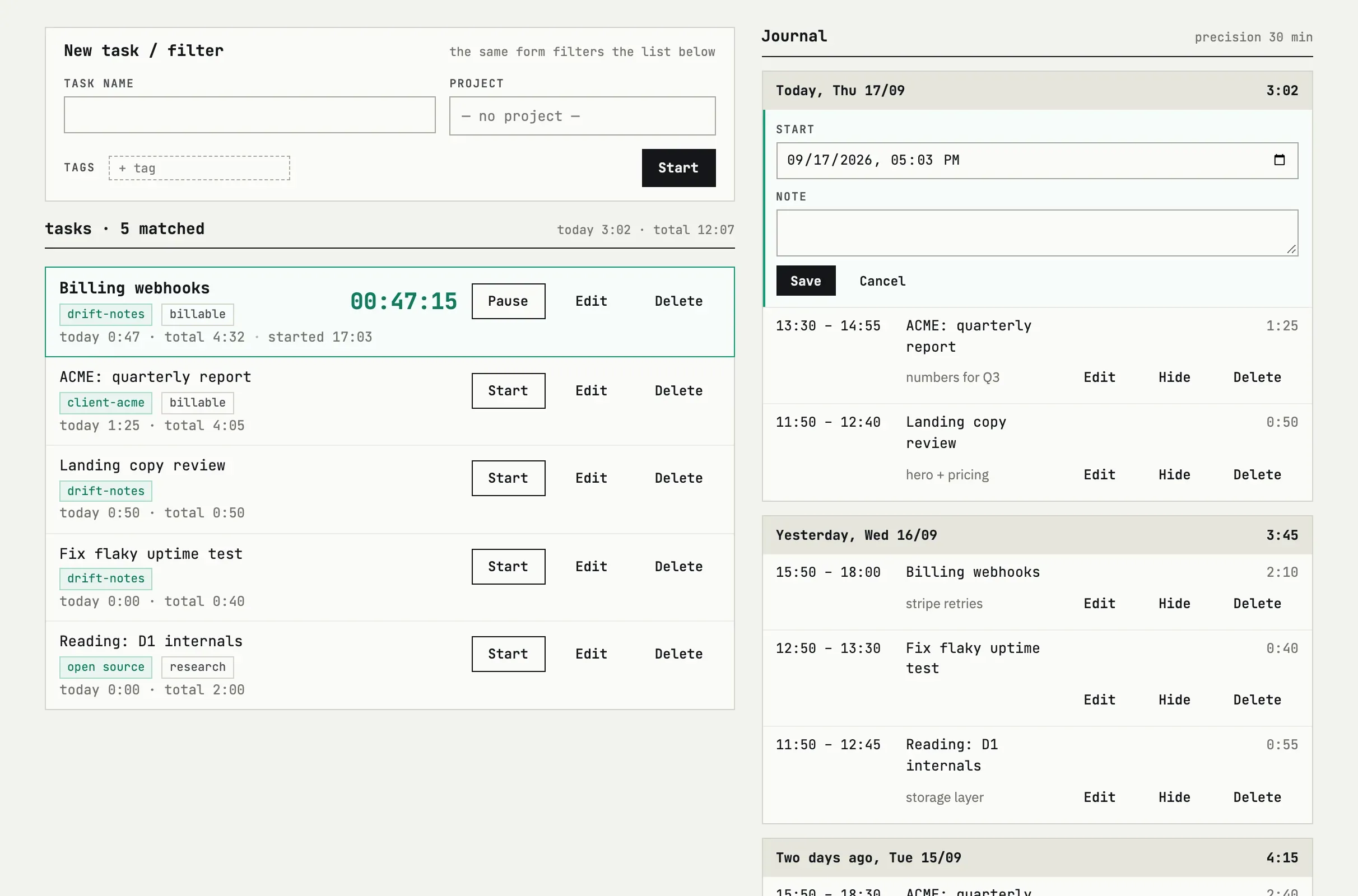 Entry edit form open in the journal: a Start date-time field and a Note field, with Save and Cancel
