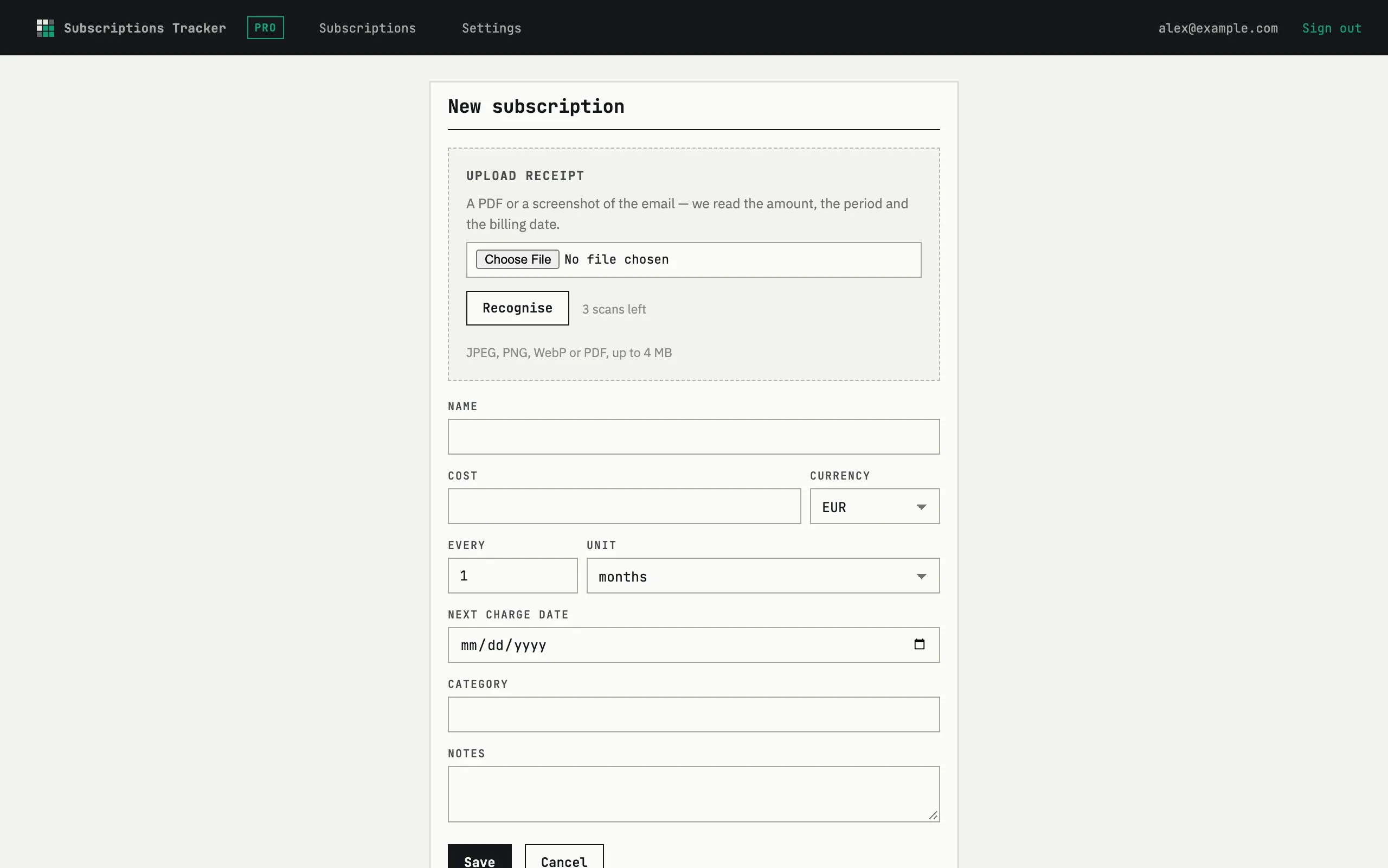 New subscription form with name, cost, currency, period and next charge date fields