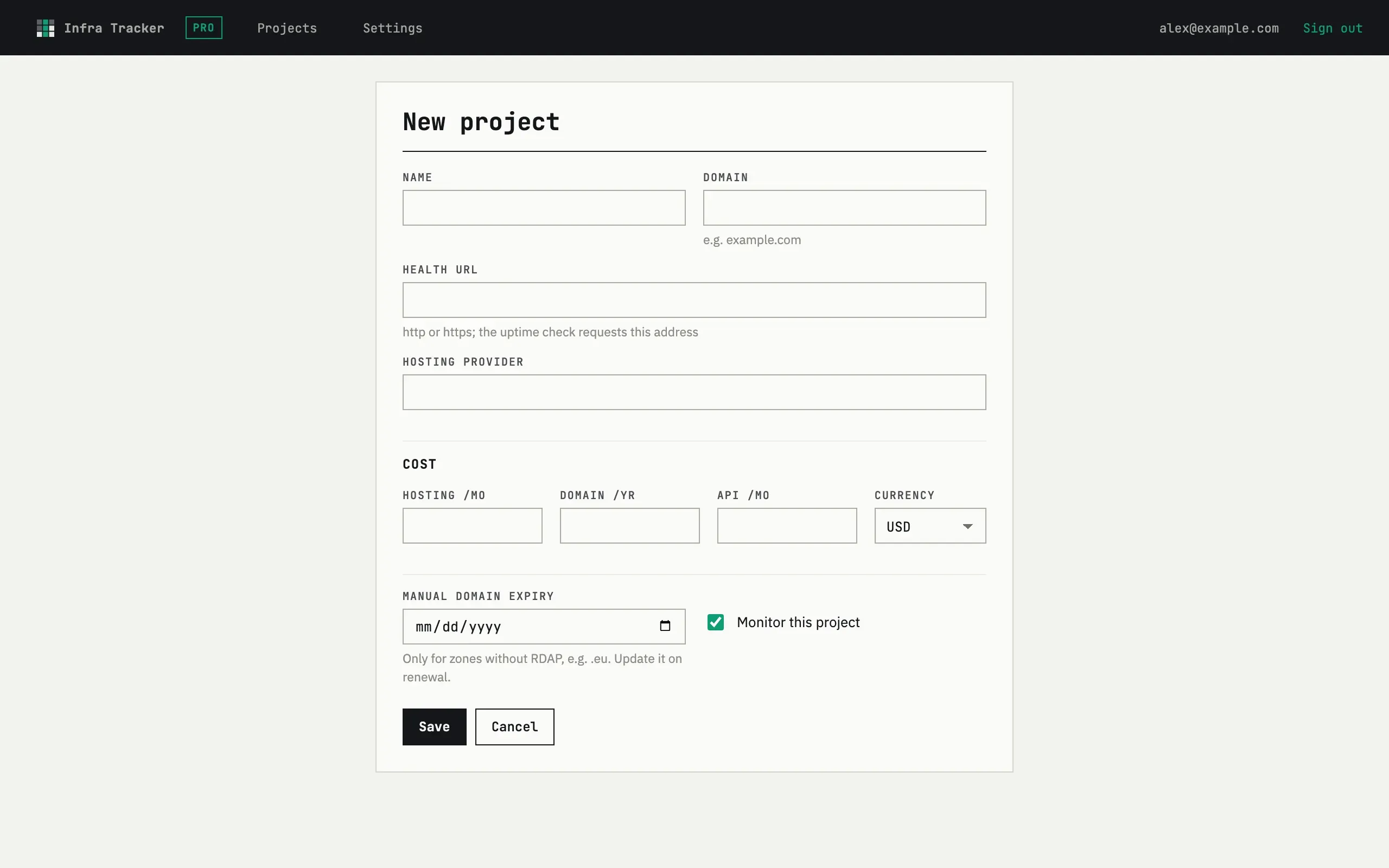 New project form with name, domain, health URL, hosting provider and cost fields