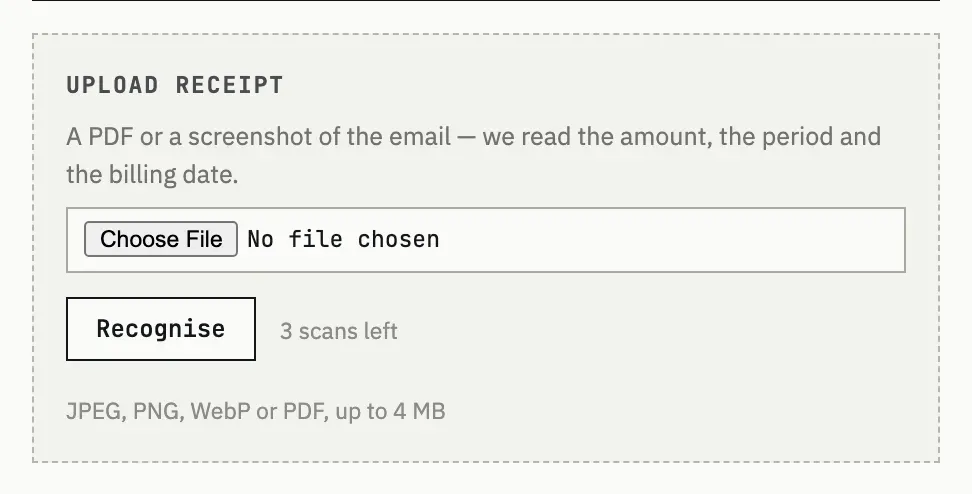 Upload receipt panel with a file chooser, the Recognise button and 3 scans left