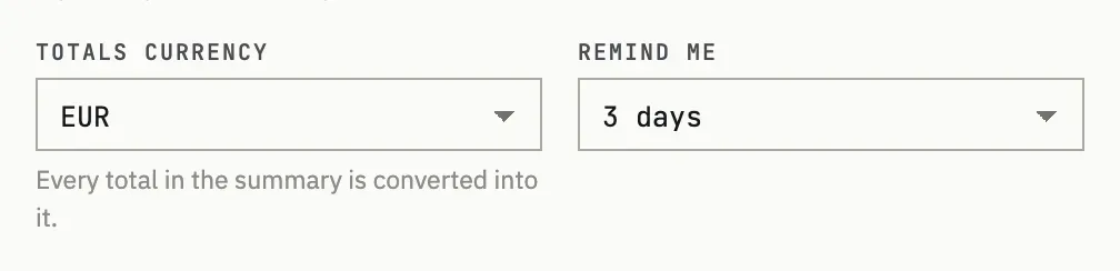 Money & reminders settings section with Totals currency set to EUR and Remind me set to 3 days