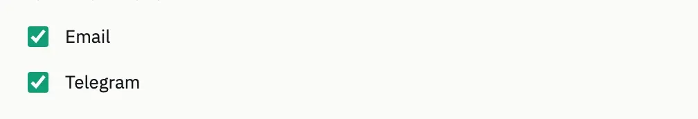 Notifications settings with Email and Telegram both switched on