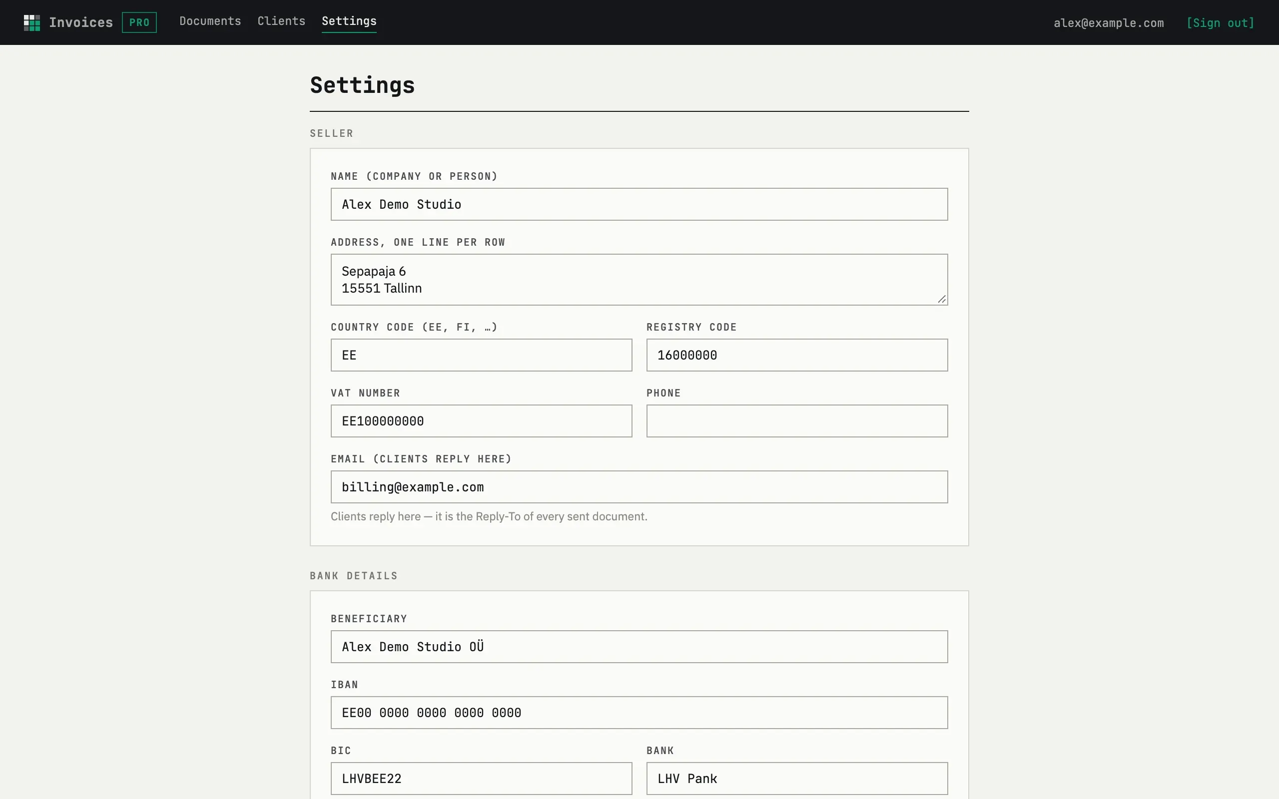 Settings page with seller and bank details filled in