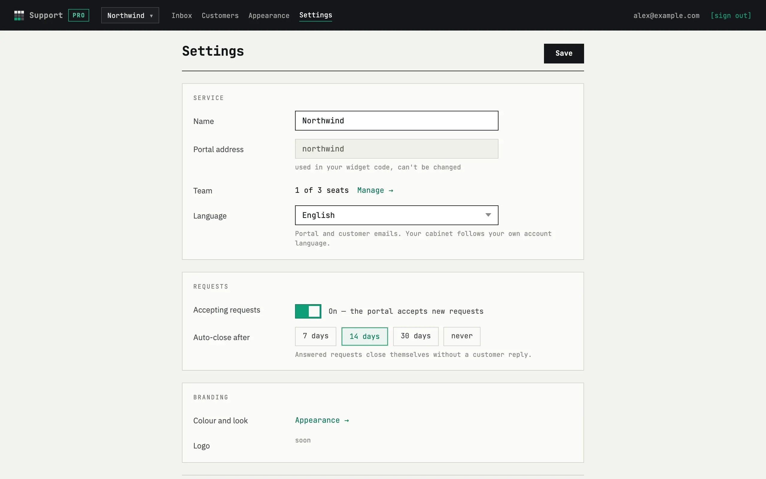 Settings page with Service, Requests and Delete service sections