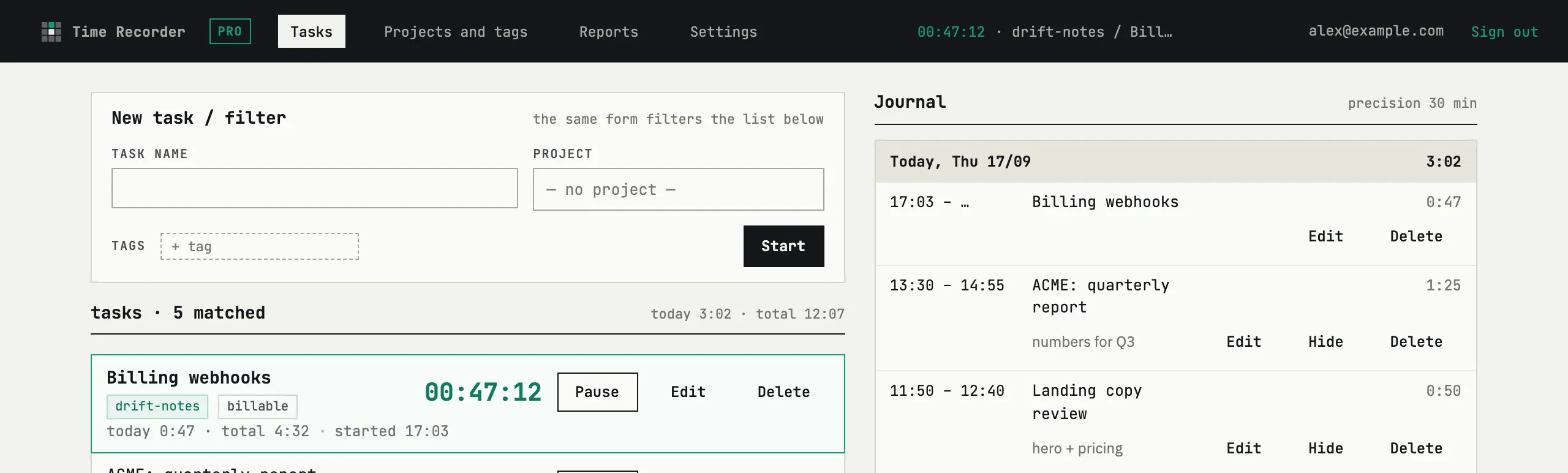 Full task screen cropped to the header and the running task row: live counter in the header, and the task’s own counter next to its Pause button