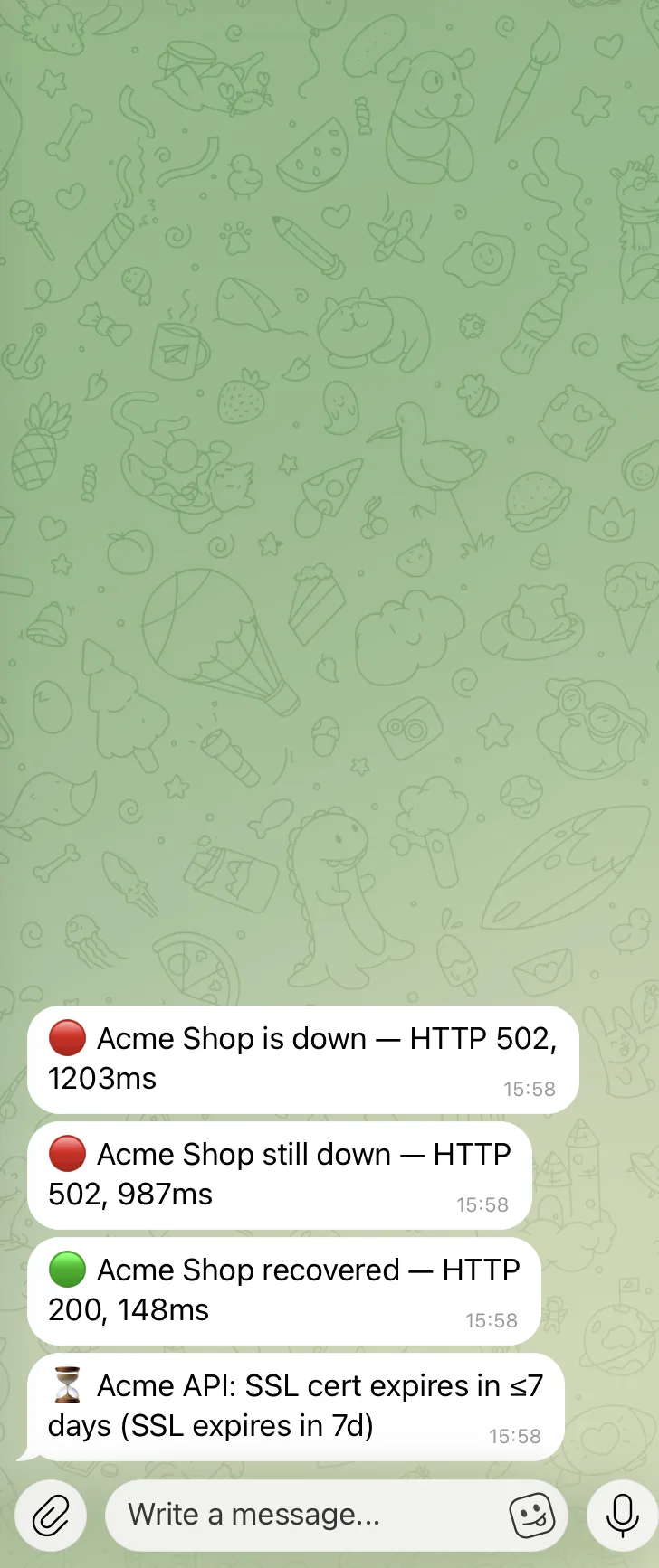 Telegram alerts from Infra Tracker: a project going down, staying down, recovering, and a certificate about to expire