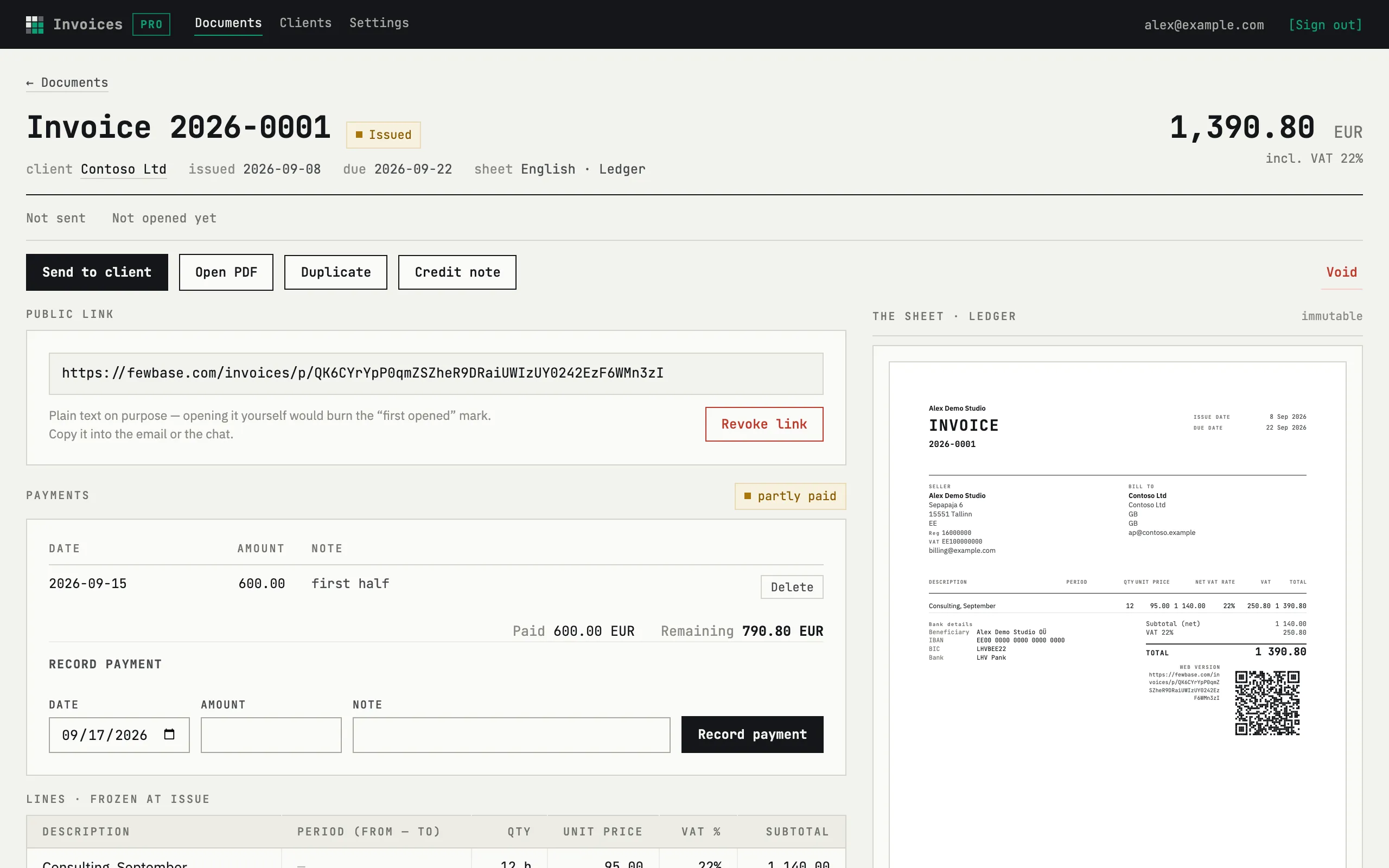 Issued invoice card with public link, payments and the sheet preview
