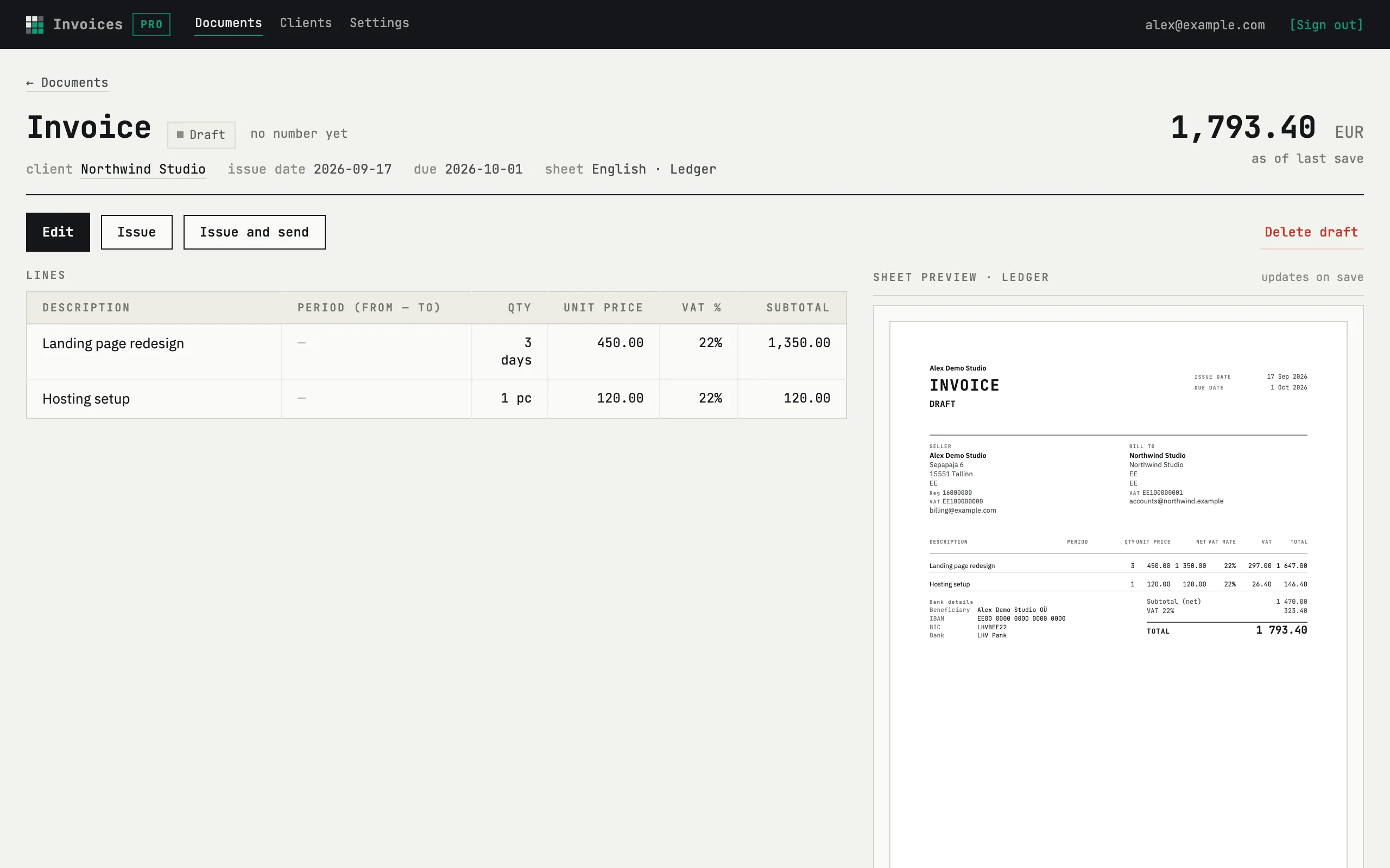 Draft invoice with line items and the live Ledger sheet preview