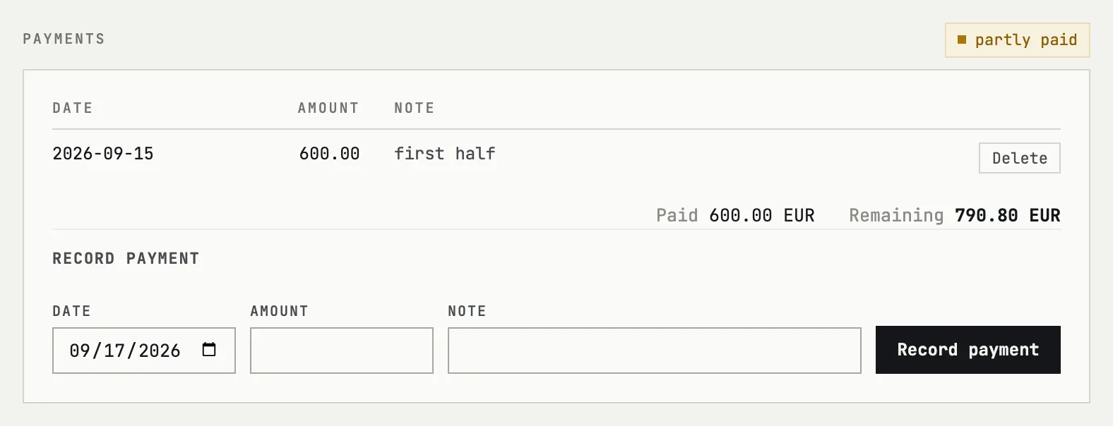 Payments block with a recorded part payment, the remaining amount and the Record payment form