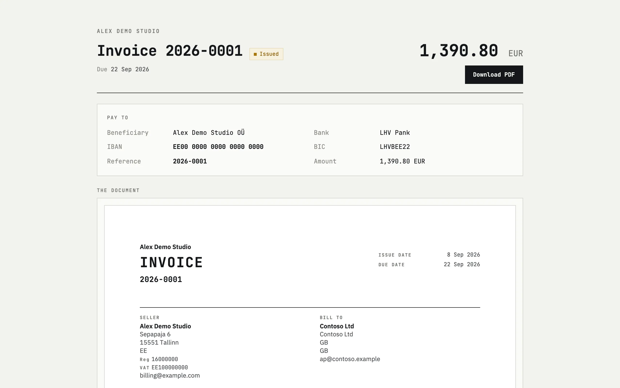 Public invoice page with status, bank details and a PDF download