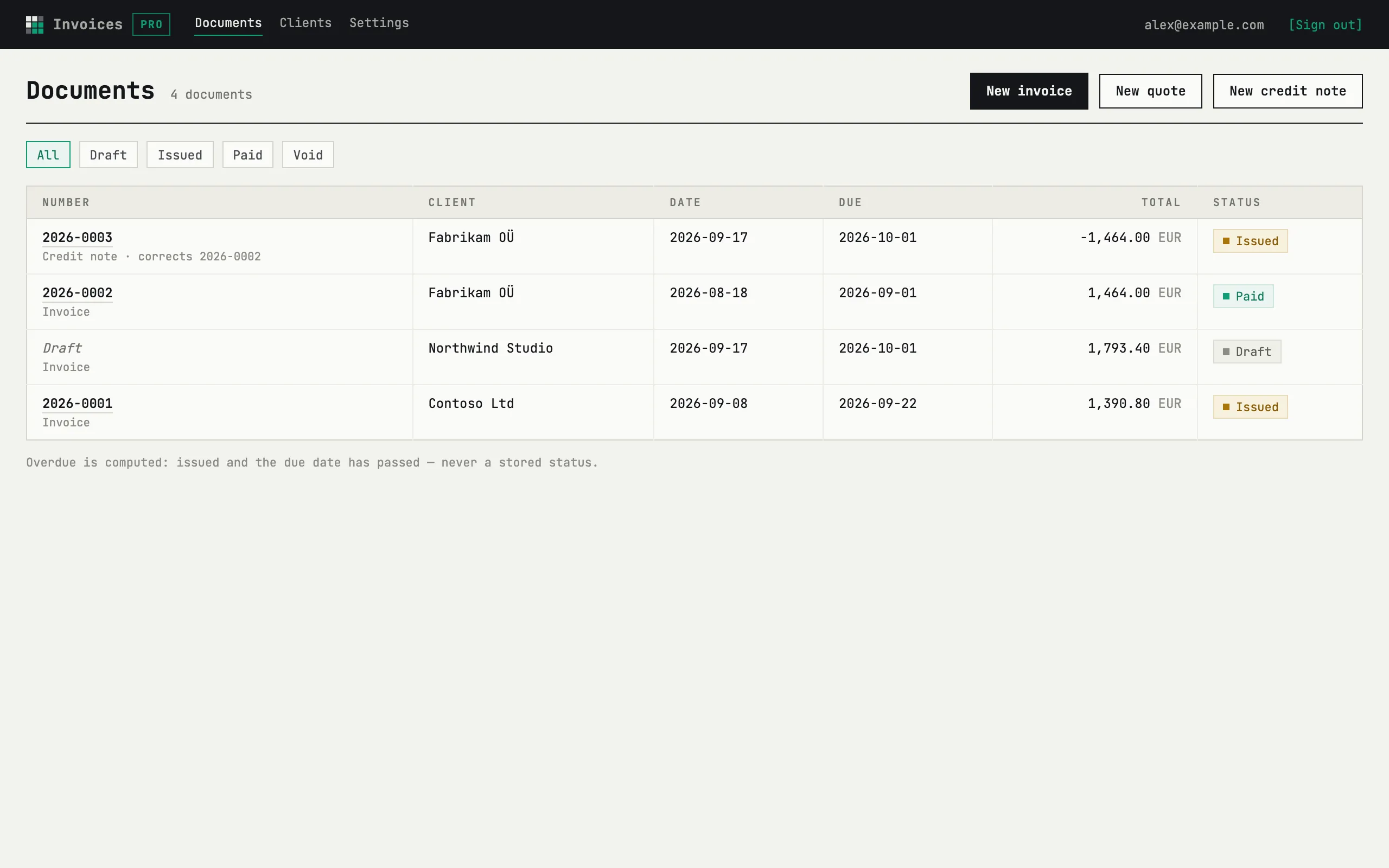 Invoices documents list with issued, paid and draft documents