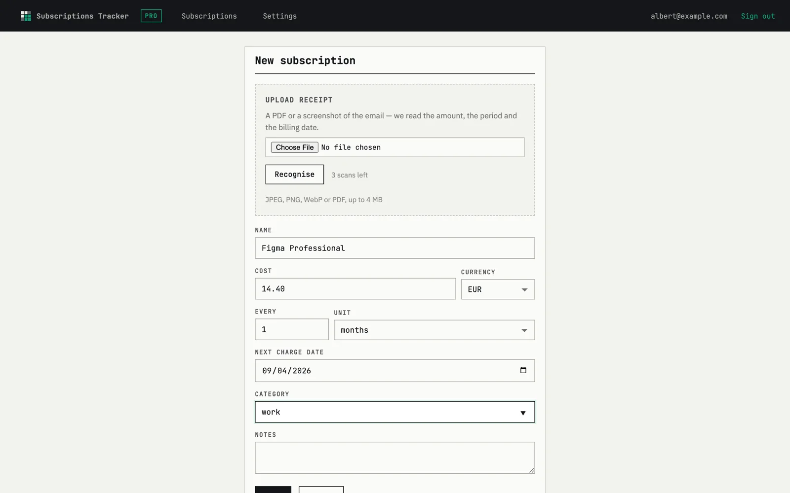 New subscription form with the receipt upload block and fields filled in