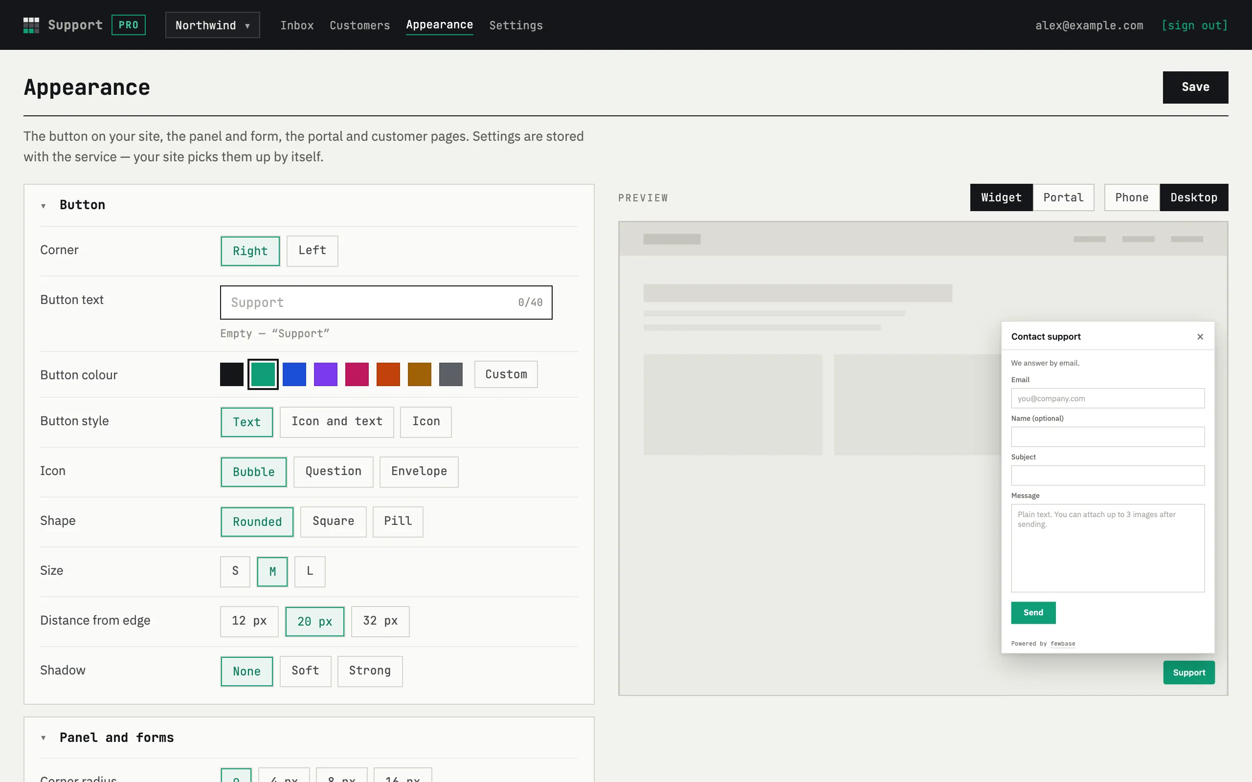Appearance settings with a live widget preview