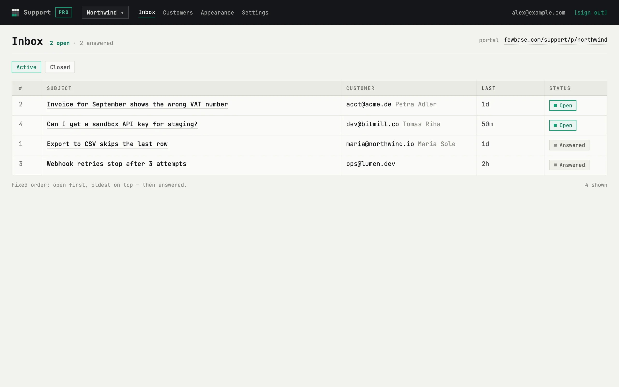 Support inbox with numbered requests, customers and statuses
