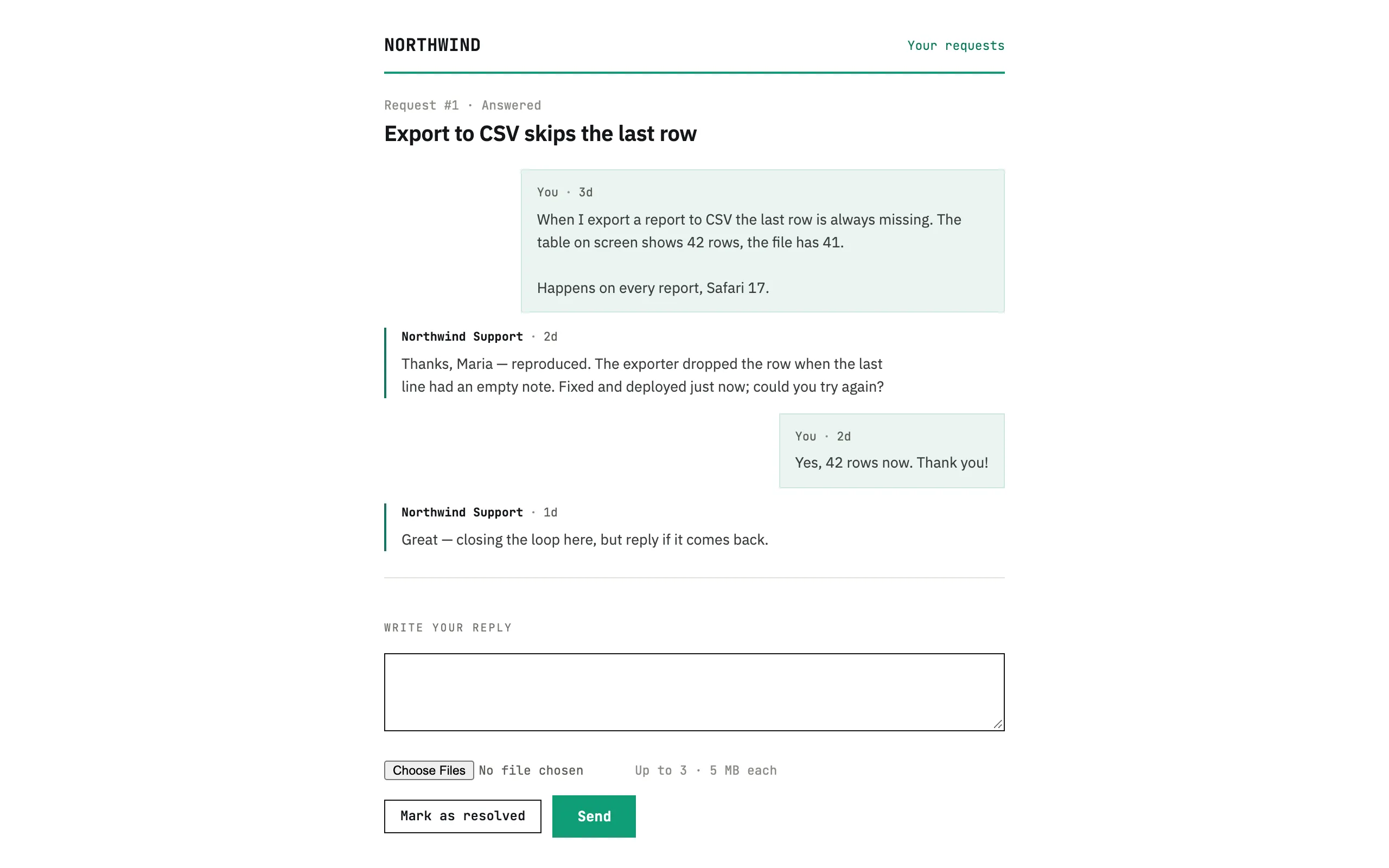 Customer view of a thread with replies signed by the service