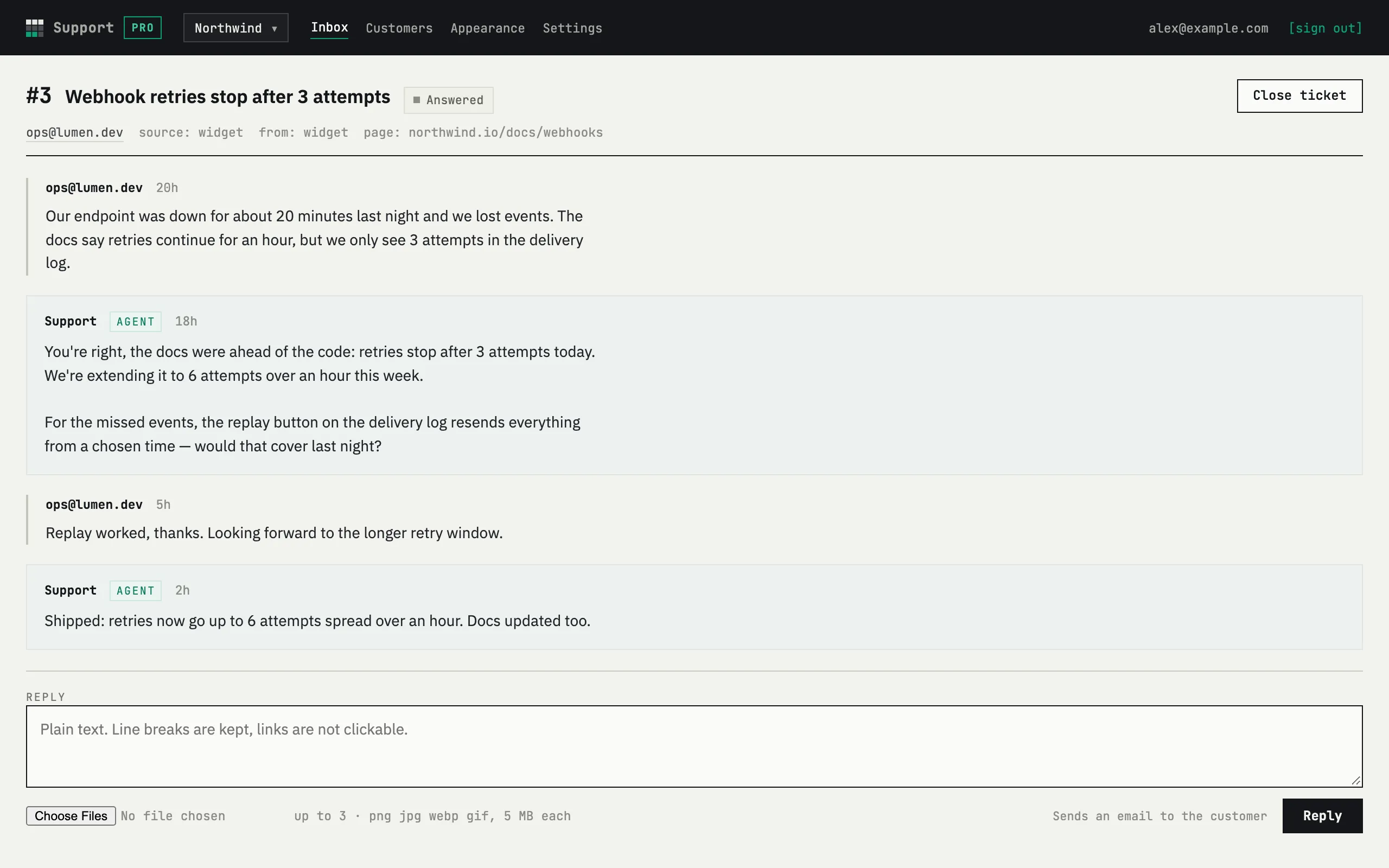 Request thread with customer messages and replies