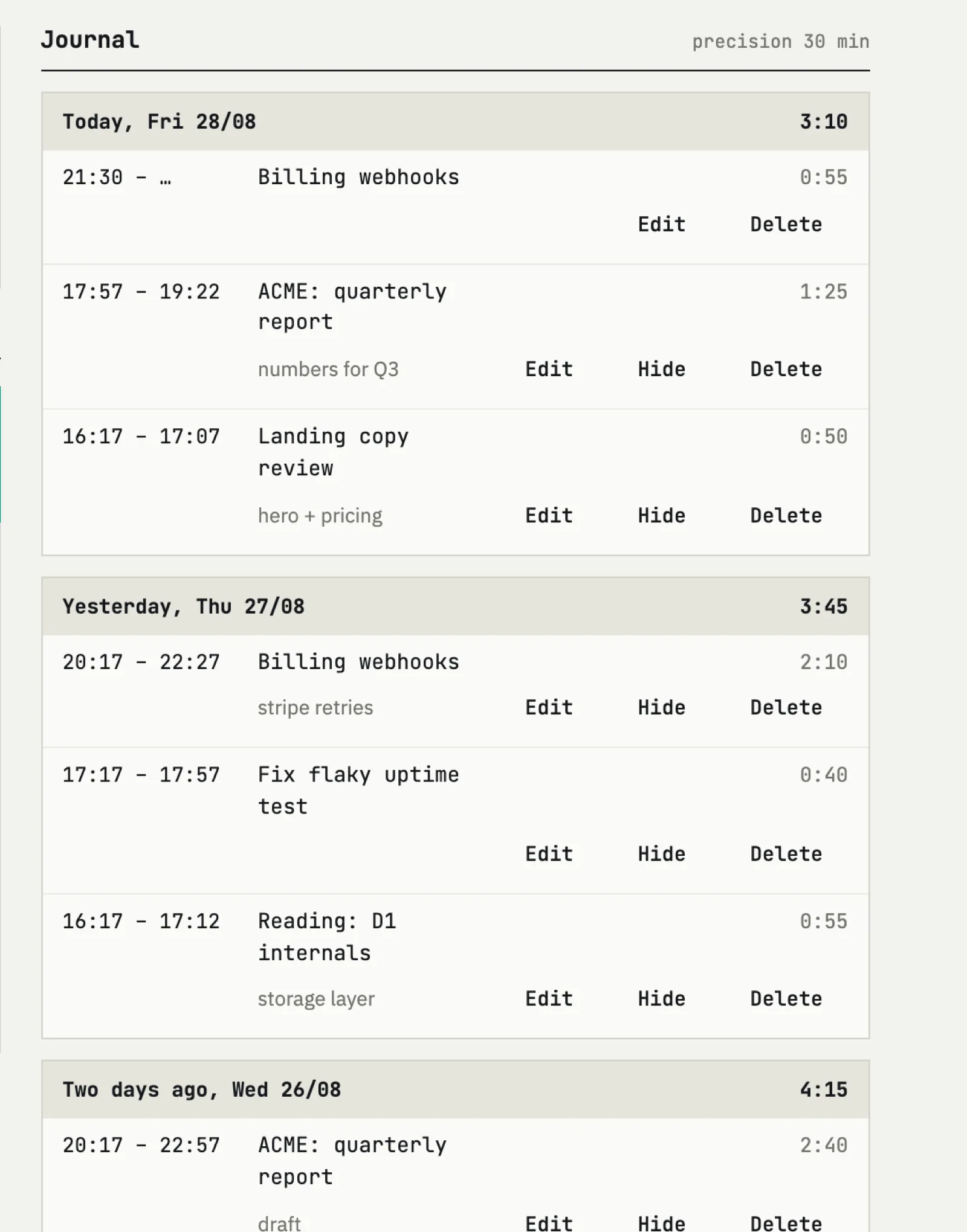 Day journal in Time Recorder with per-day totals and editable entries