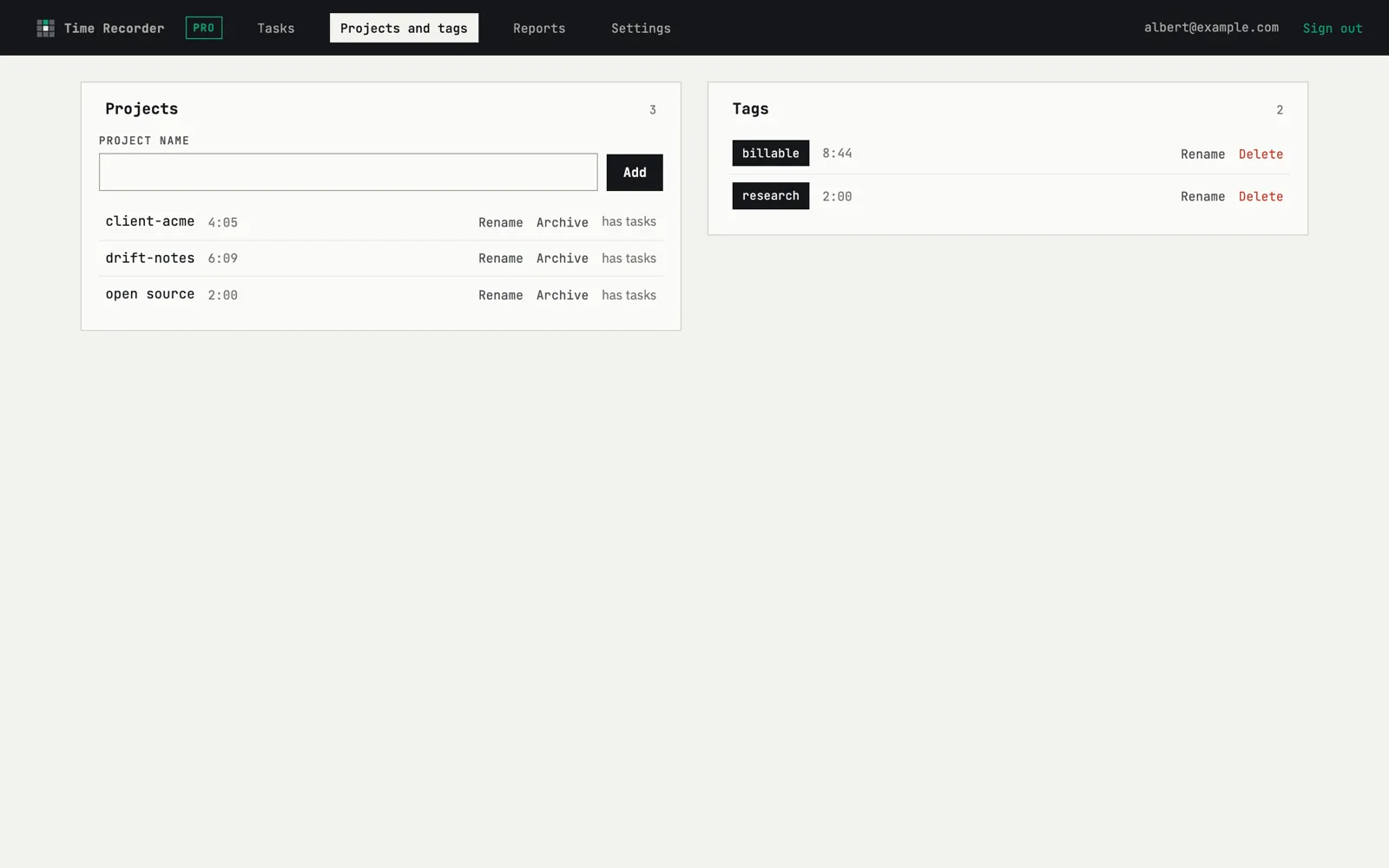 Project and tag list in Time Recorder