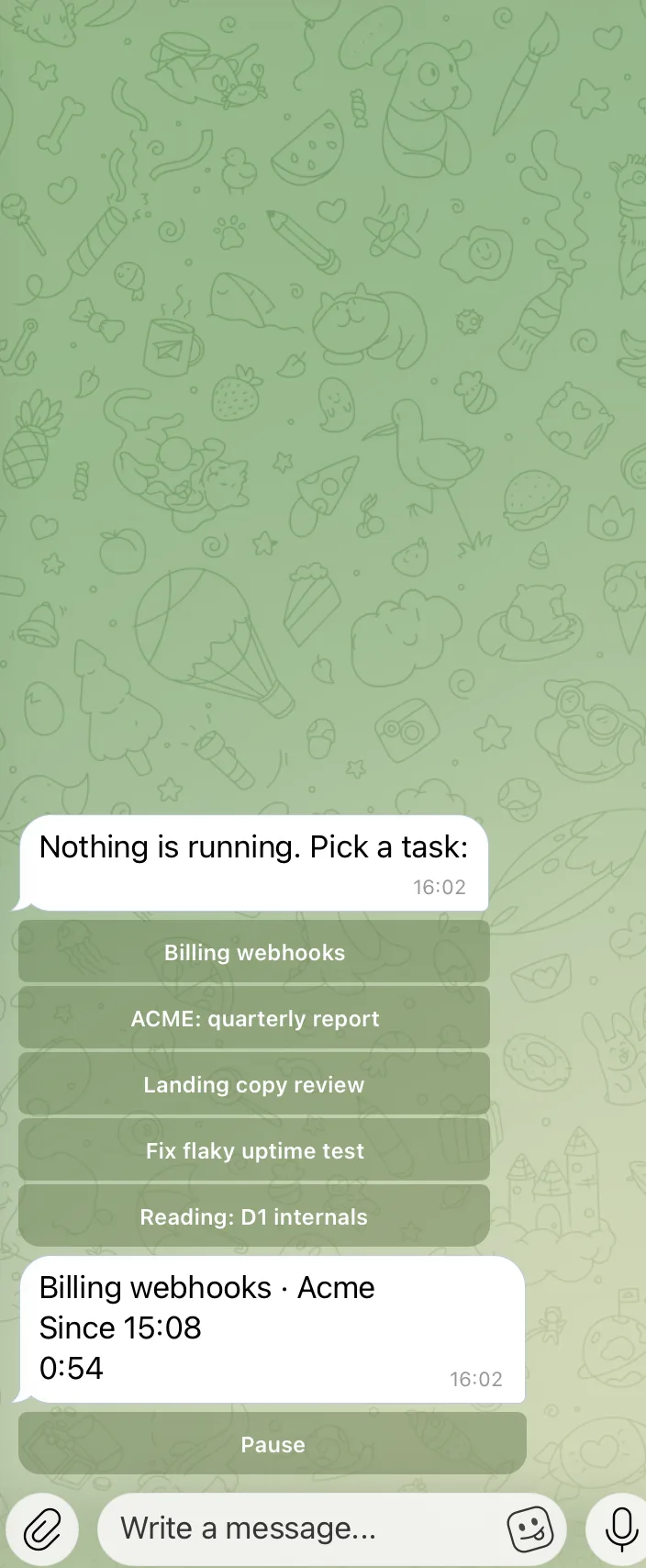 Telegram chat with the Time Recorder bot: a list of recent tasks as buttons, and a running task with its start time, elapsed time and a Pause button